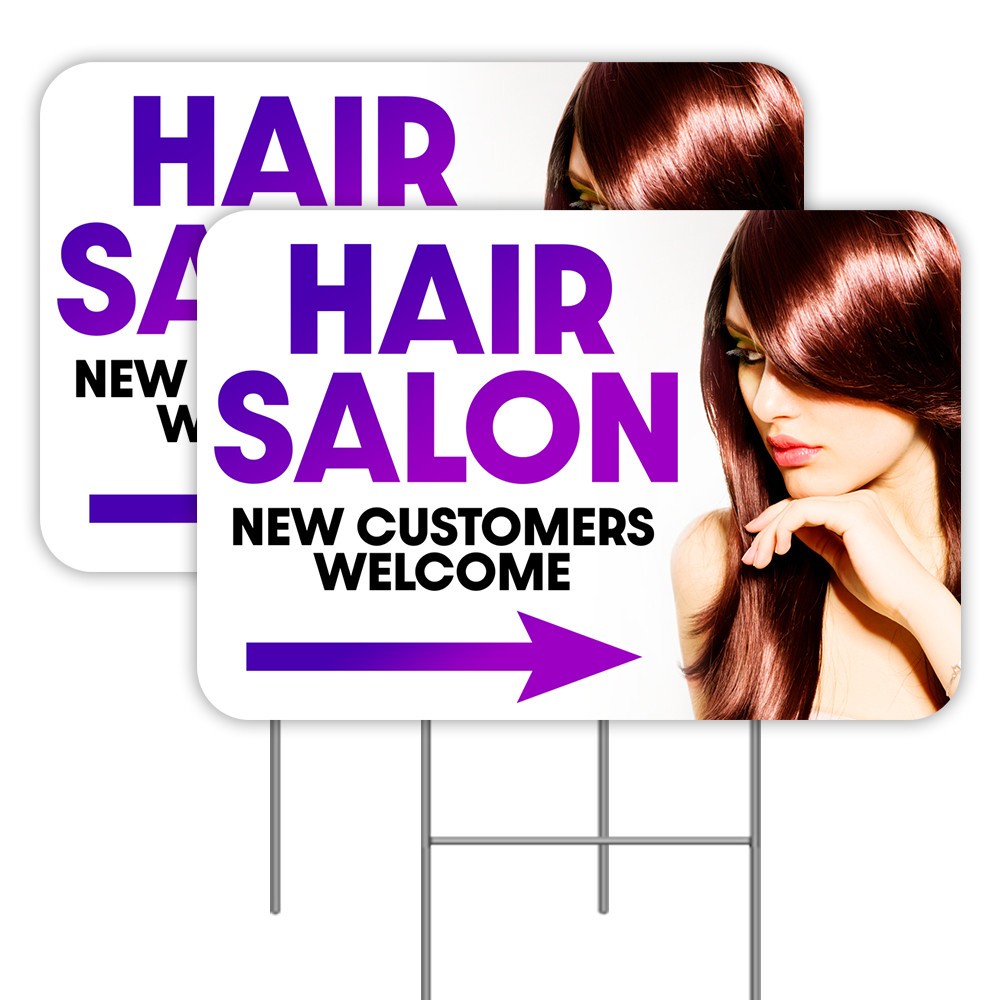 HAIR SALON (Arrow) 2 Pack Double-Sided Yard Signs 16&Prime; x 24&Prime; with Metal Stakes (M