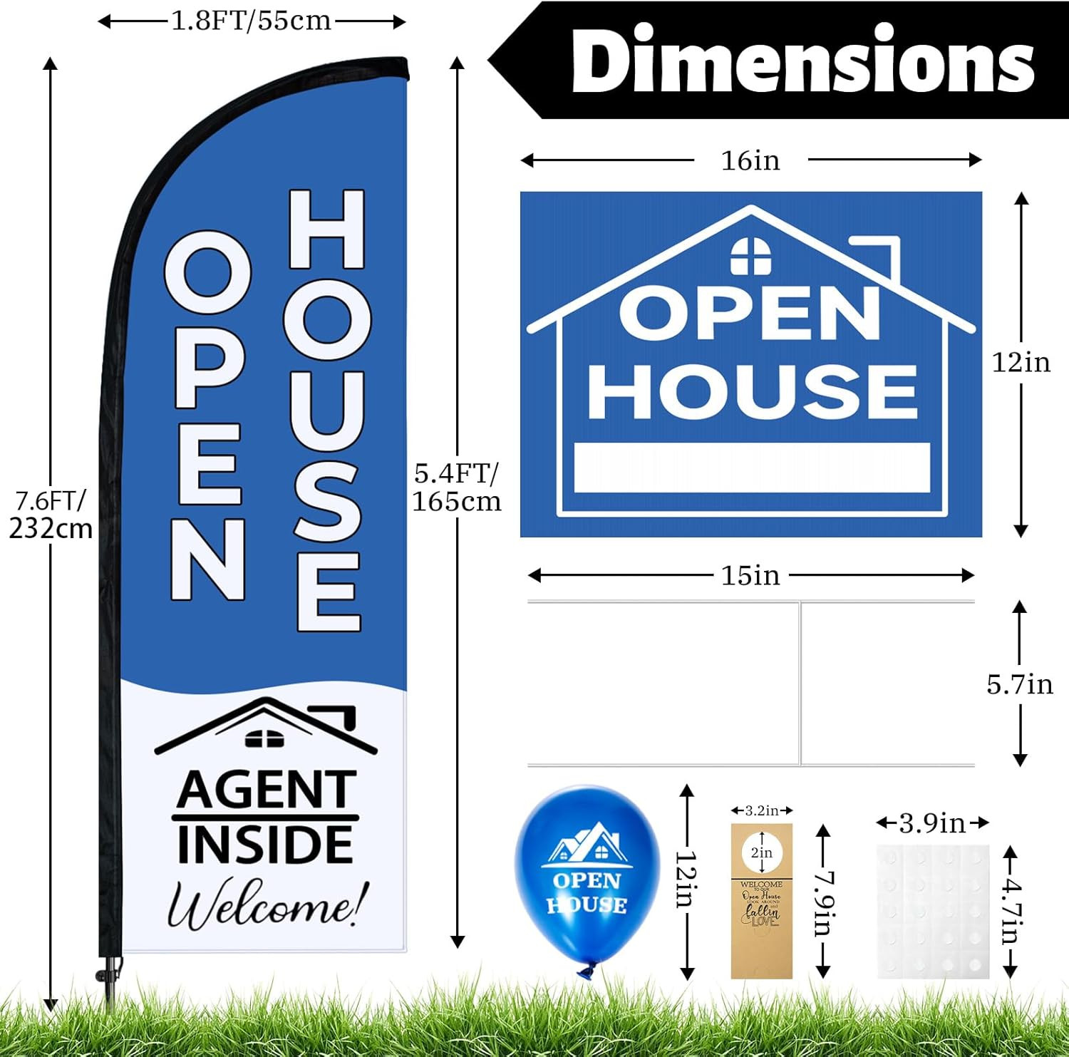 88 Pcs Open House Sign Kit with Flags, Arrows, Stakes & Balloons – Blue