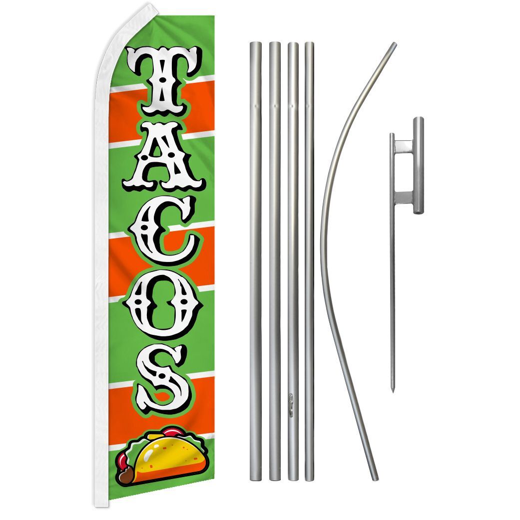 « TACOS » Advertising Super Flag & Pole Kit food comida taqueria green/orange