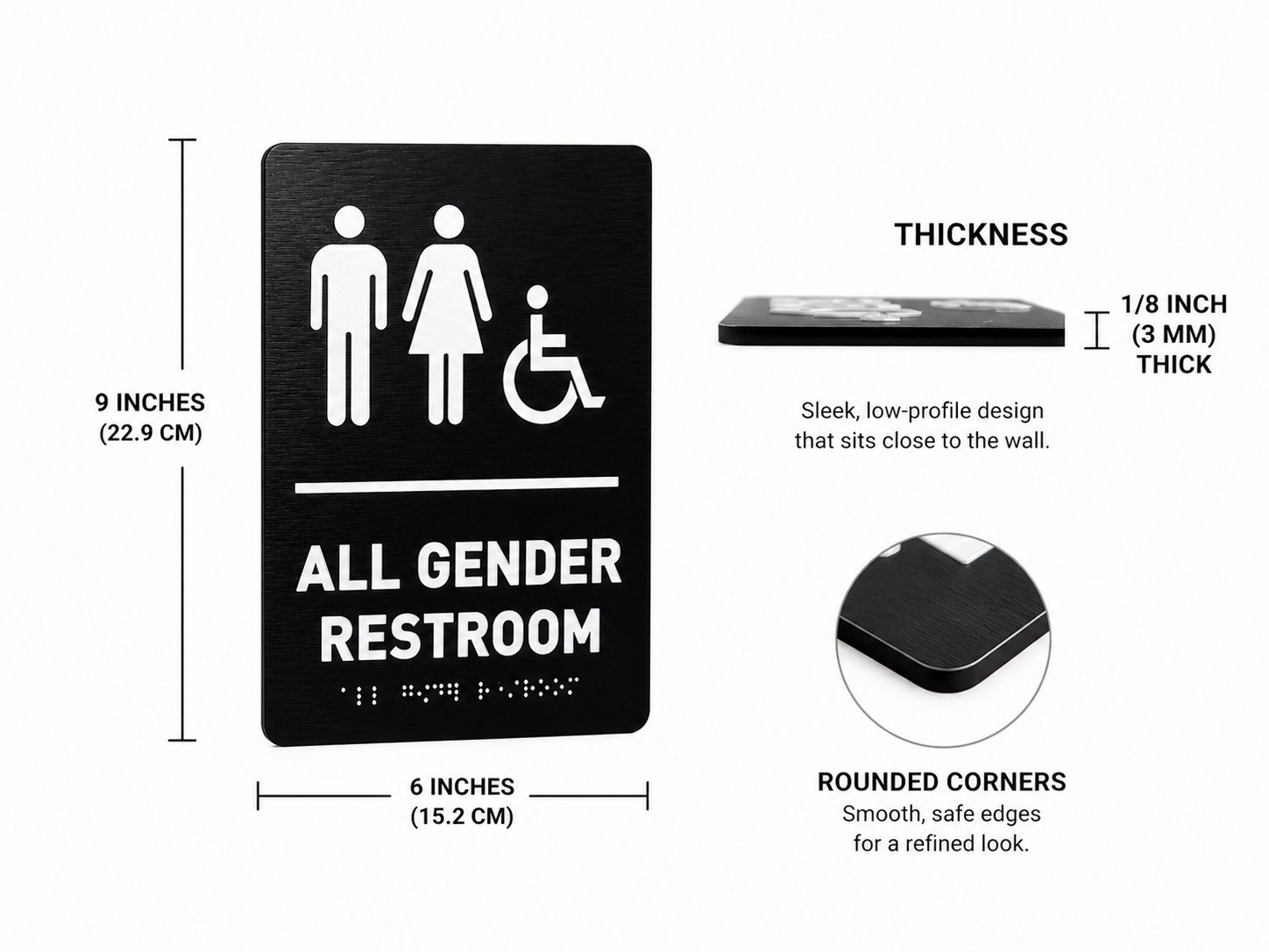 All Gender Restroom ADA Sign w/ Braille Brushed Aluminum 6×9 Black Peel & Stick