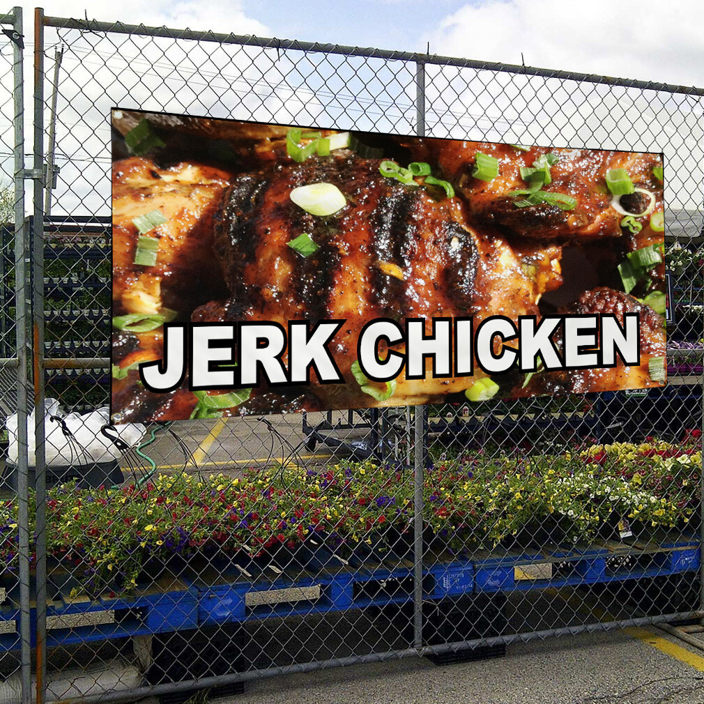 Vinyl Banner Multiple Sizes Jerk Chicken Food Fair Restaurant Cafe Market