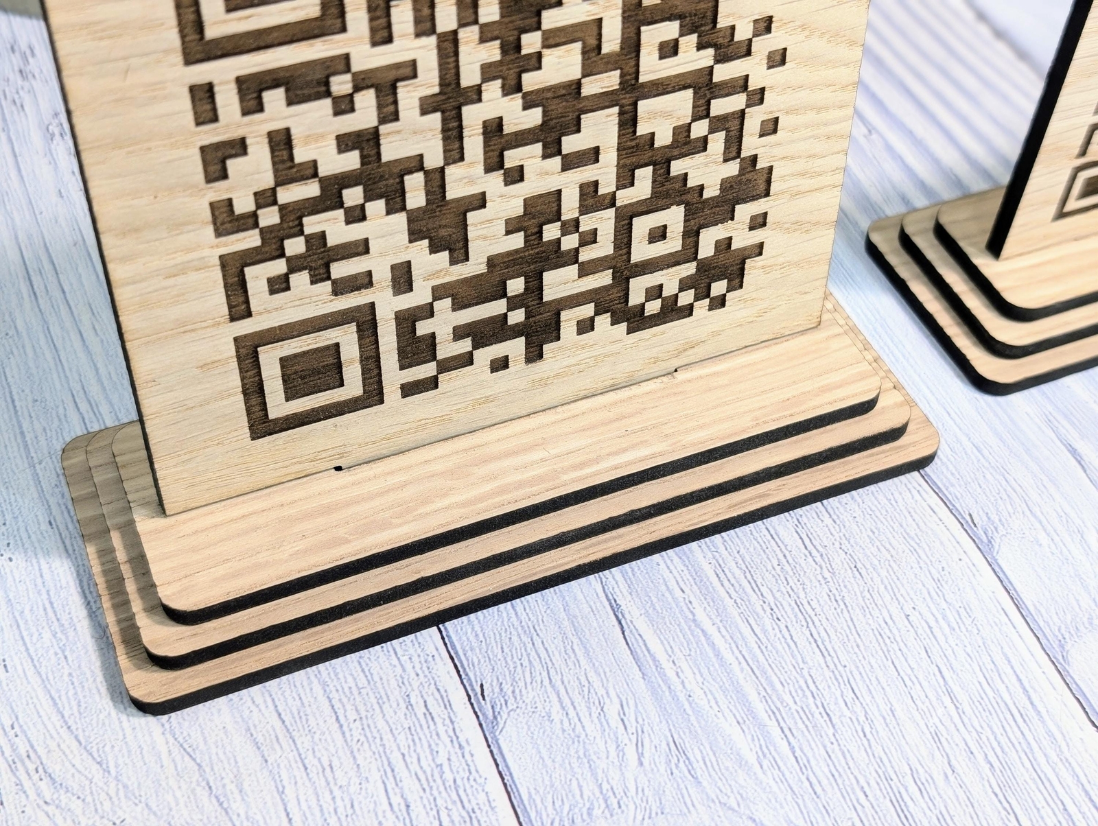 QR Code &lsquo;Leave us a review&rsquo; Custom Wooden Table Signs, Personalised Logo & Link