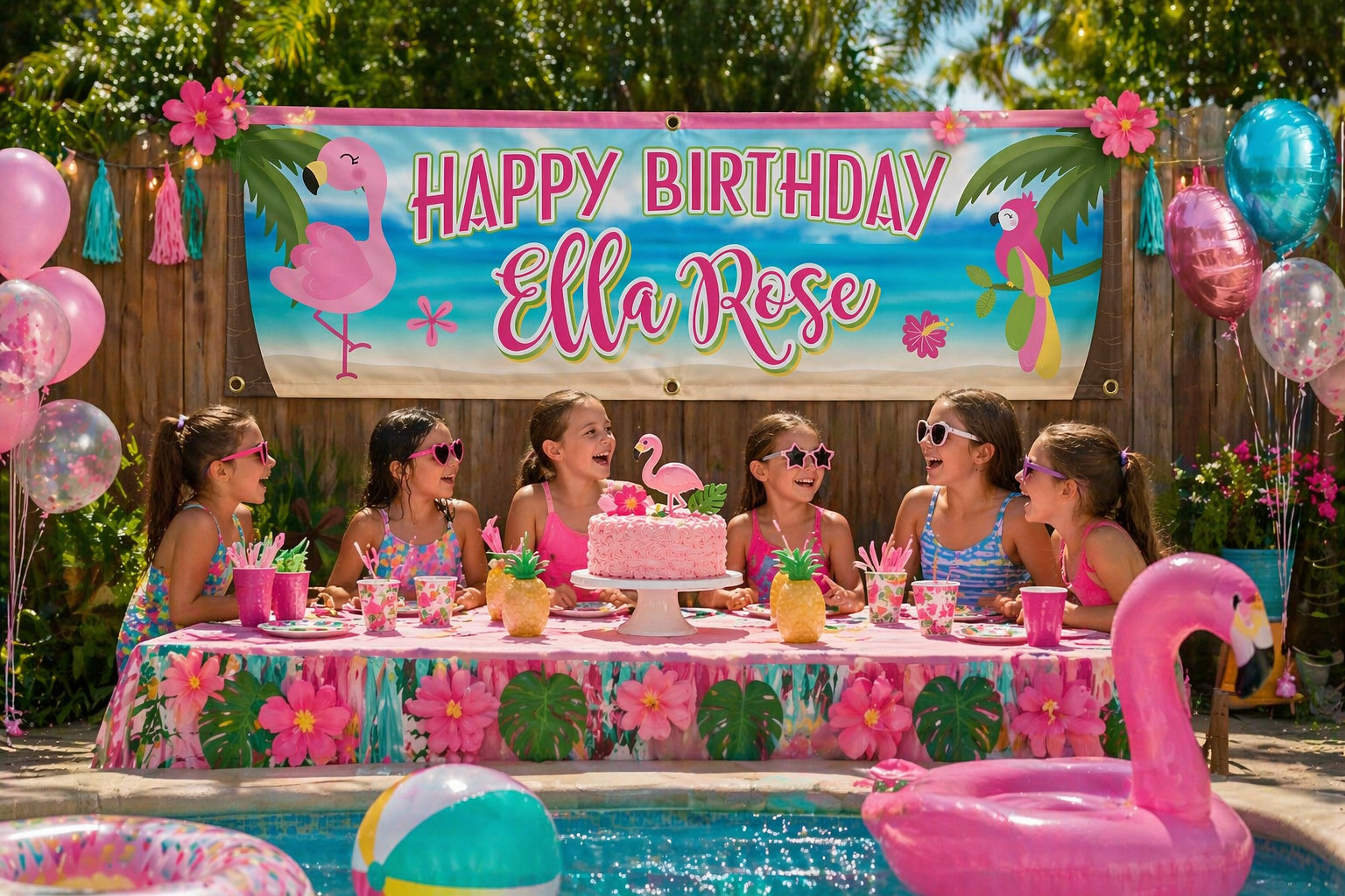 Personalized Birthday Banner Flamingo Palm Tree Sign – 15oz Heavy Duty