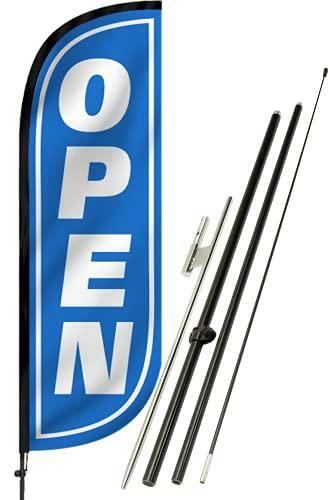 LookOurWay Open Blue & White Feather Flag Complete Set with Poles & Ground