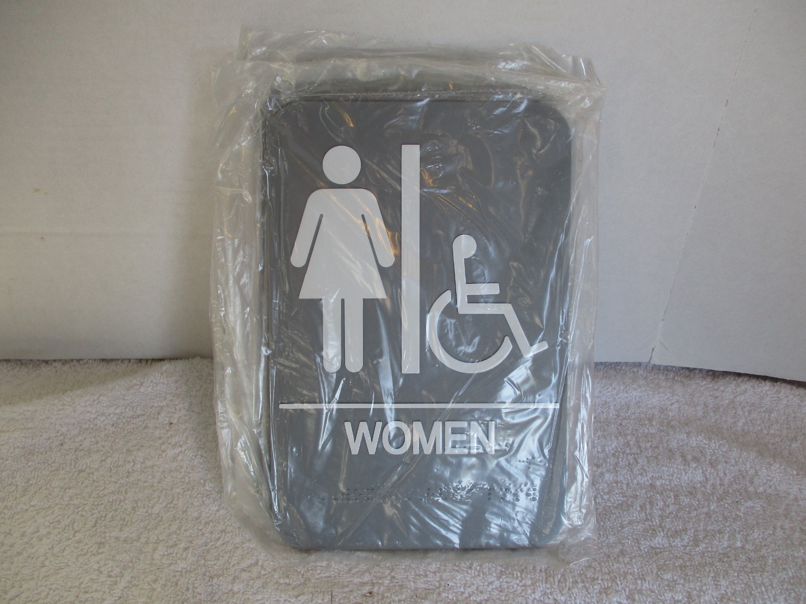 LOT OF 5 BATHROOM SIGNS ADA BRAILLE ADHESIVE GRAY WOMEN RESTROOM