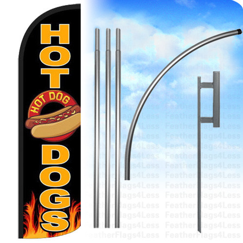 HOT DOGS Windless Swooper Feather Flag 15&prime; KIT Banner Sign – black kq