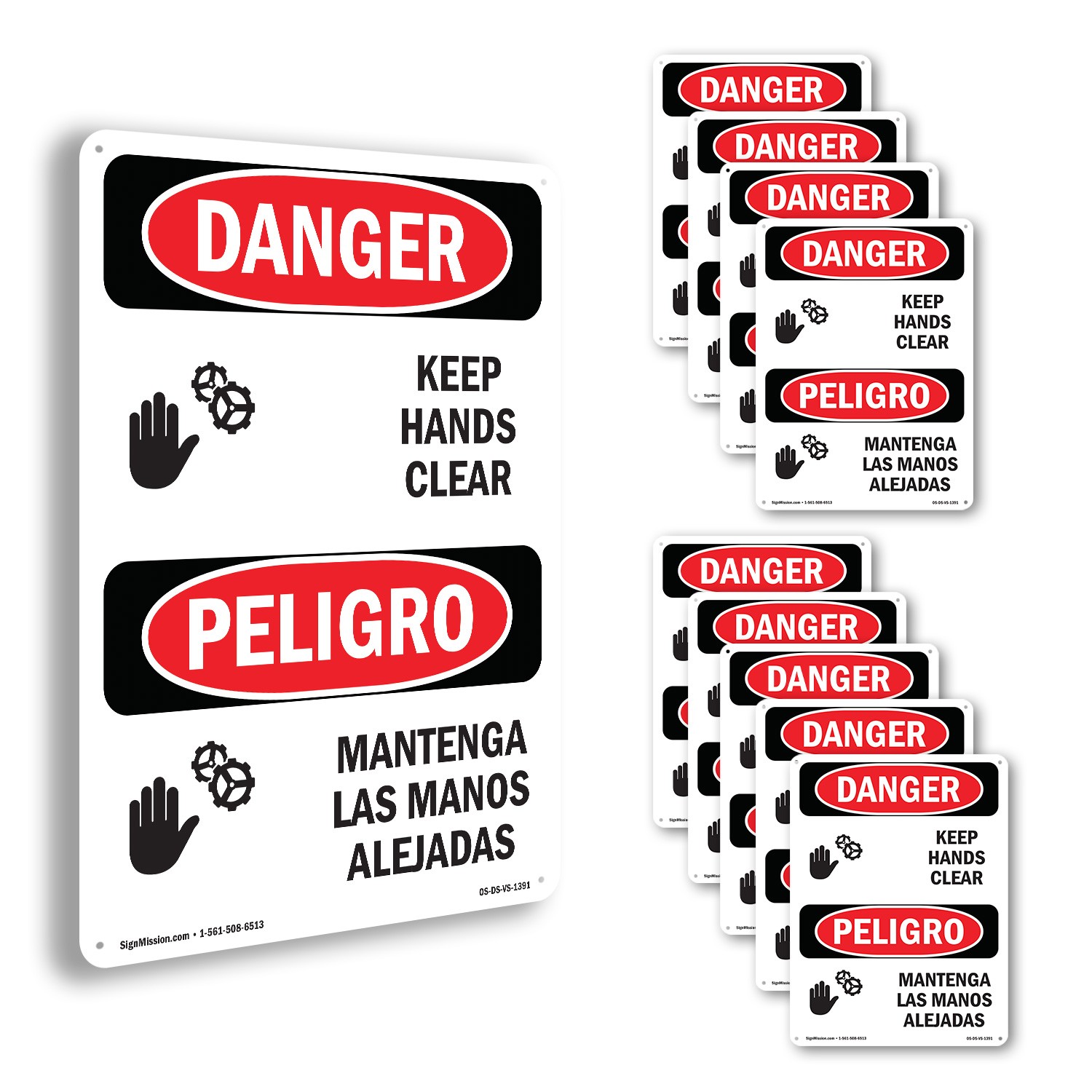 Keep Hands Clear Bilingual OSHA Danger Sign Metal, Plastic, Decal 5 or 10 Pack