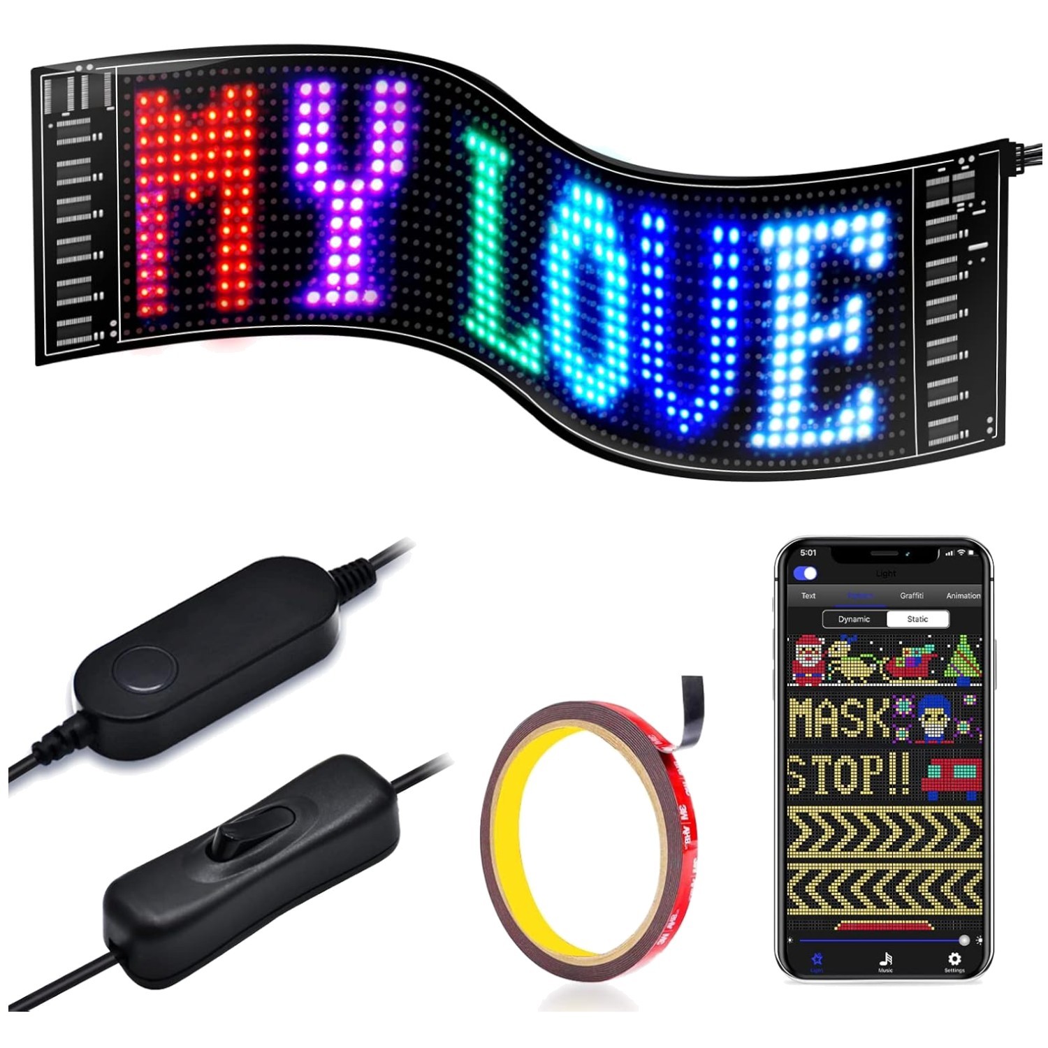 Portable LED Sign for Car, Flexible Design, Bluetooth App