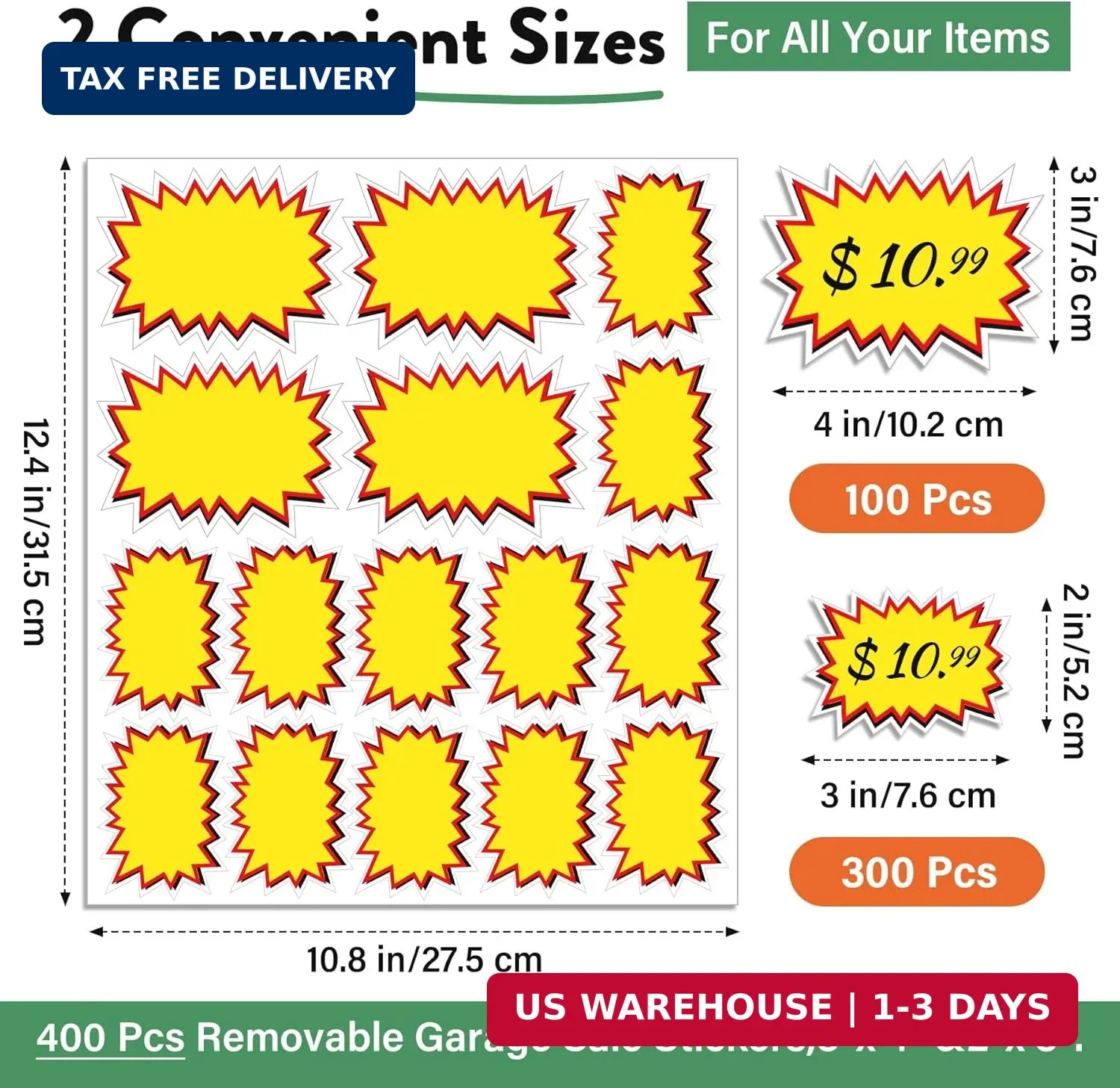 400 Pcs Removable Garage Sale Stickers,3&Prime;x 4&Prime; &2&Prime; x 3 Adhesive Yard Sale Price S