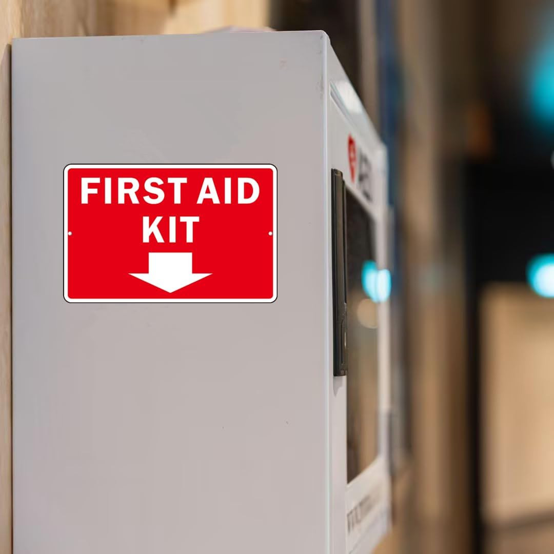 , (2 Pack) Self Adhesive First Aid Kit Sign for Wall, Aluminum Metal Signs with