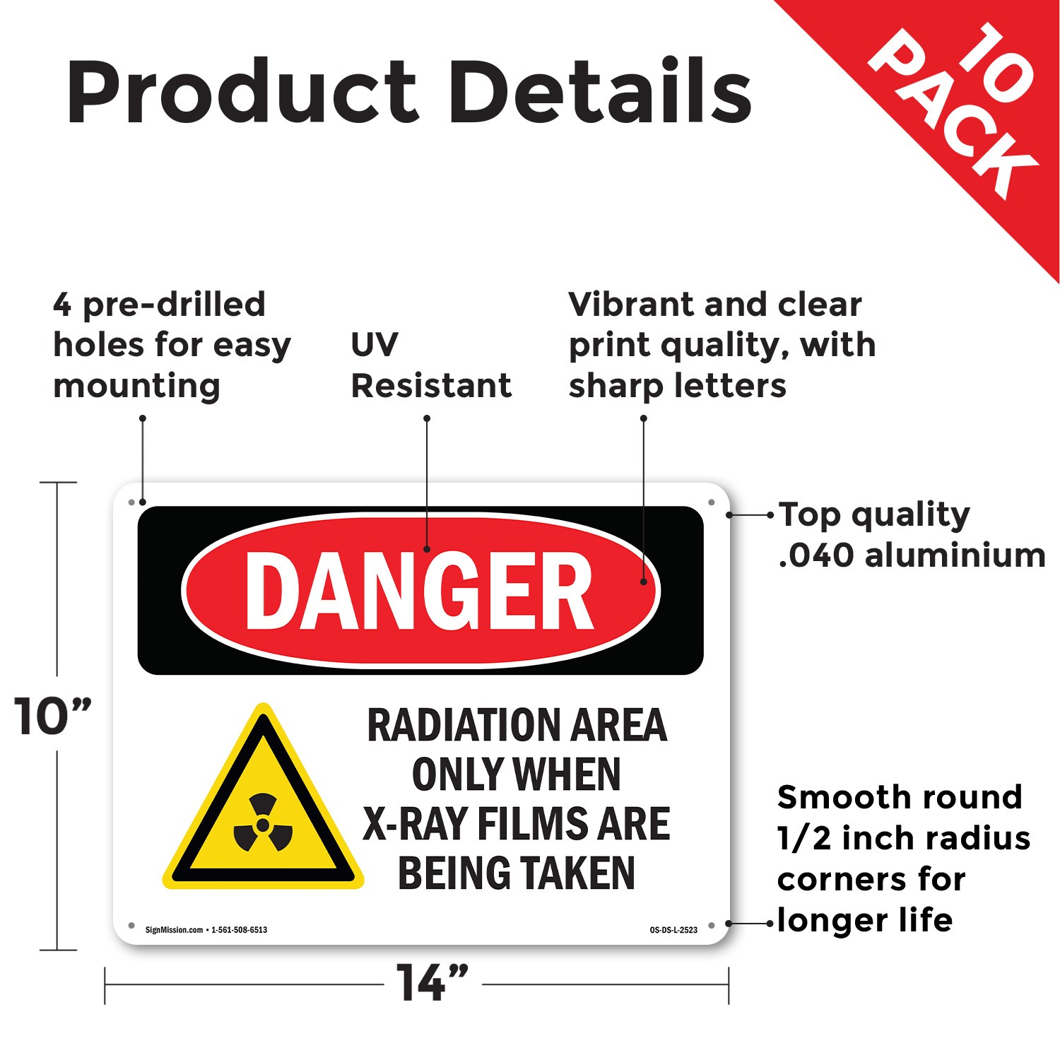 Radiation Area Only When X OSHA Danger Sign Metal, Plastic, Decal 5 or 10 Pack