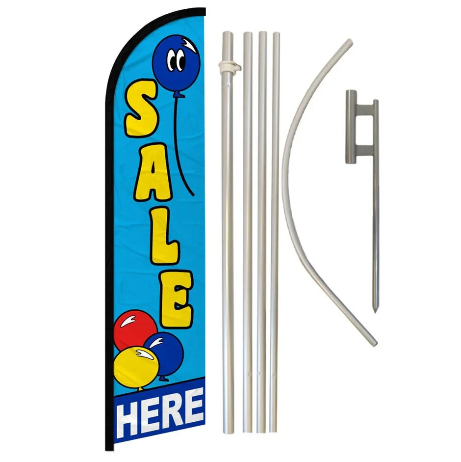 Sale Here (Balloons) Windless Full Curve Advertising Banner Flag & Pole Kit