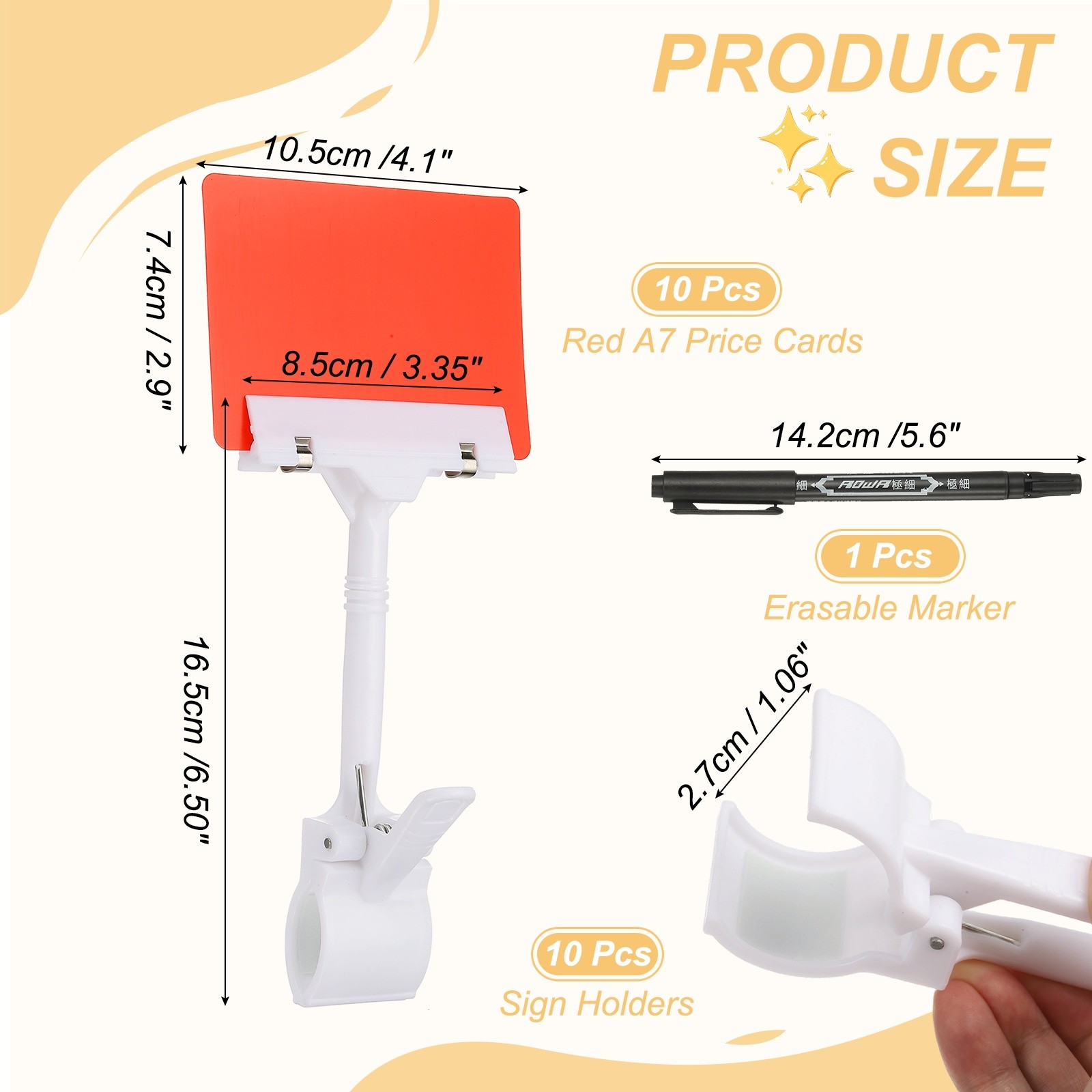 10 Pcs Sign Holders with Red A7 Plastic Cards & Erasable Marker, White