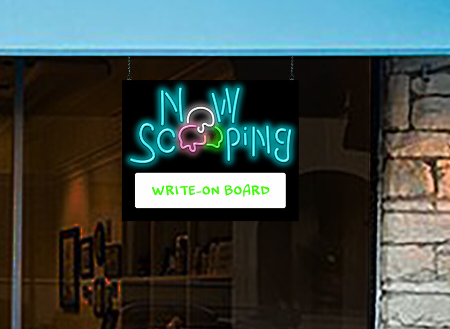 Now Scooping W/ Back Lit Write On Board Neon Sign Jantec 30&Prime; x 24&Prime; Change