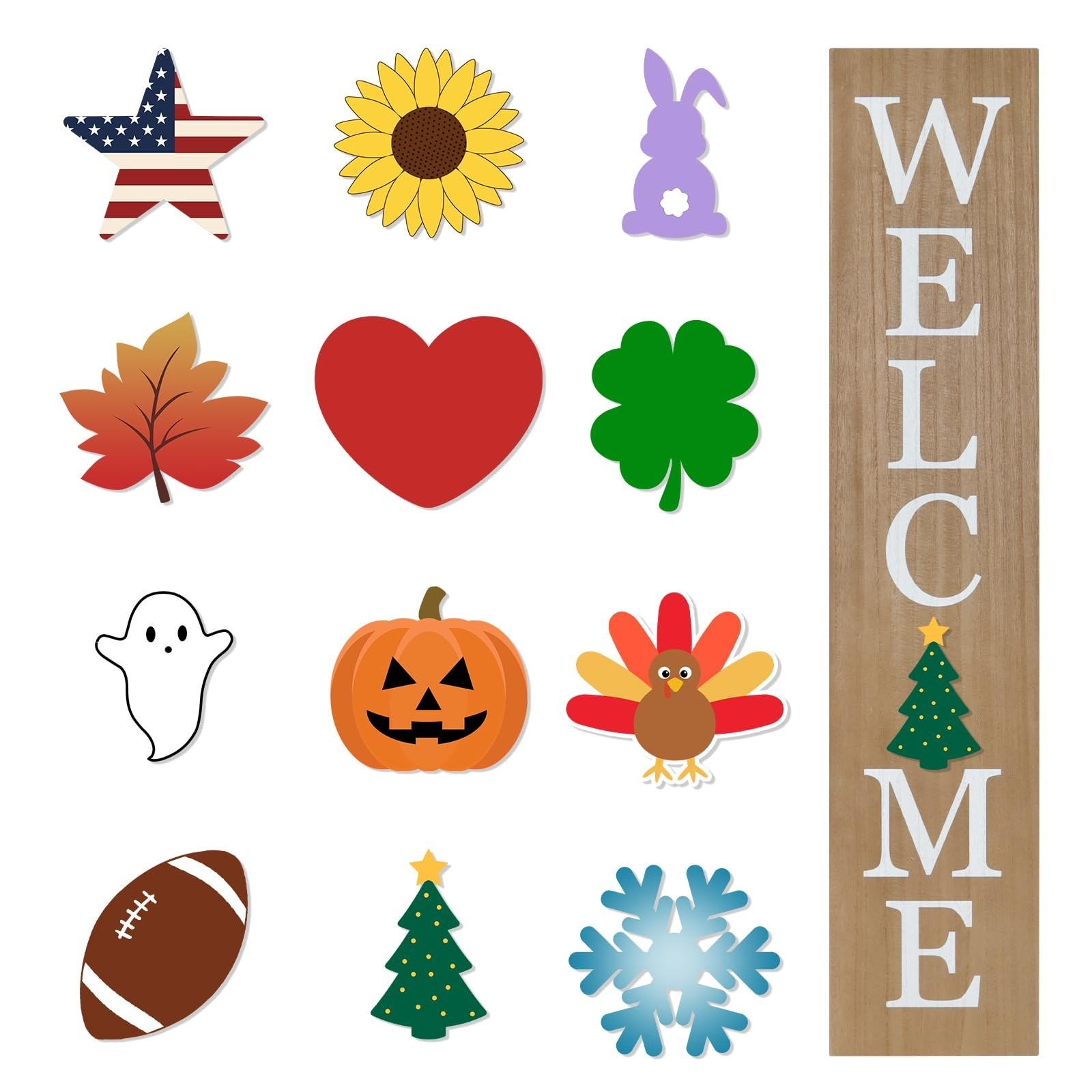 Interchangeable Wooden Porch Welcome Sign with 12 Interchangeable Icons 45&Prime;X9…