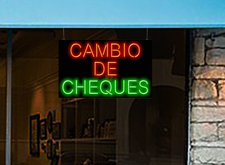 Spanish Check Cashing Cambio De Cheques Neon Sign Jantec 32&Prime; x 20&Prime; Money