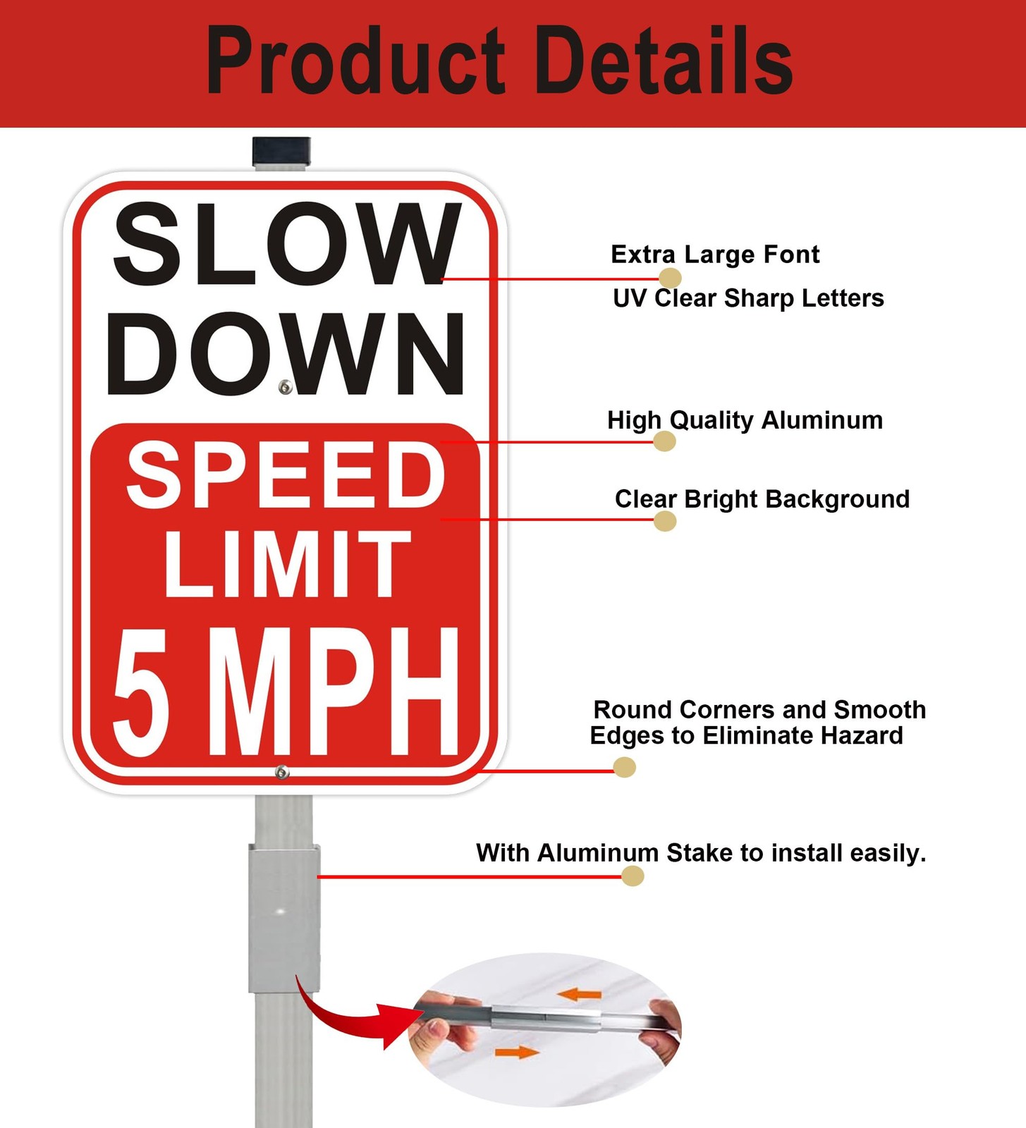 2 PCS Slow Down Speed Limit 5 MPH Sign 36 Inch Stakes 14×10 Inch Aluminum