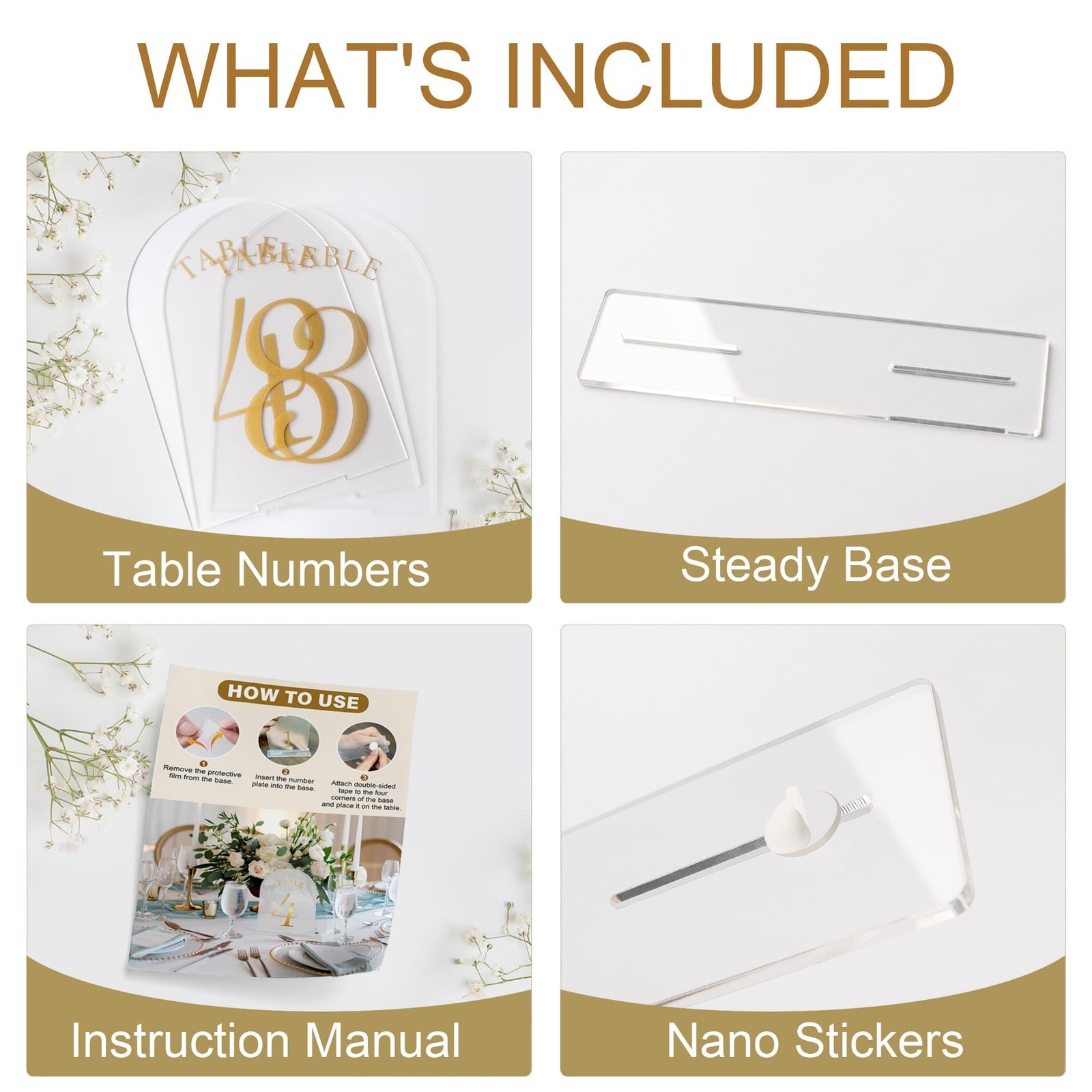 Wedding Table Numbers 1-10 Clear Acrylic Seating Signs Gold Lettering Decor