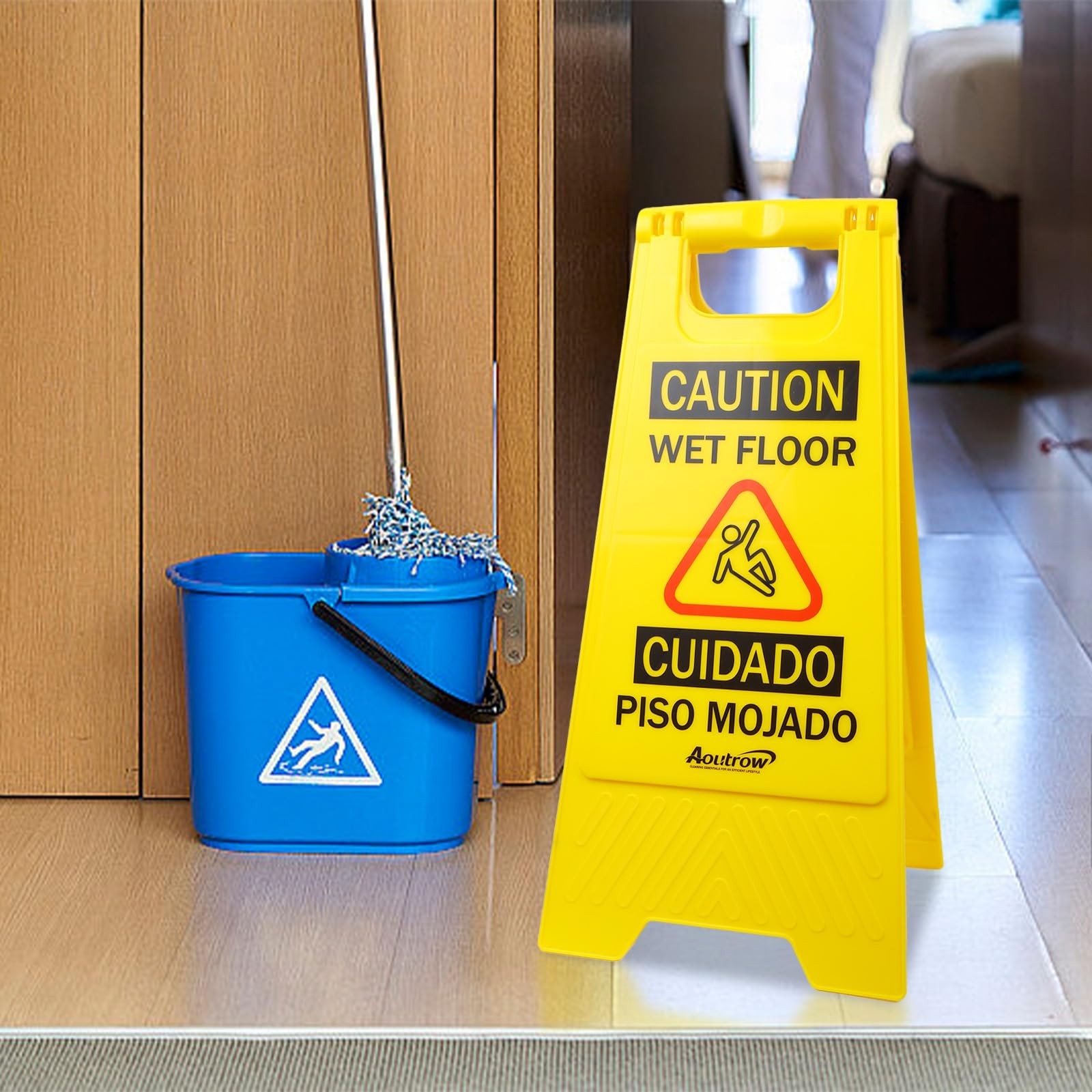 Caution Wet Floor Sign, （L:17.12in W:8.38in H:0.94in）2-Sided Foldable Safety …