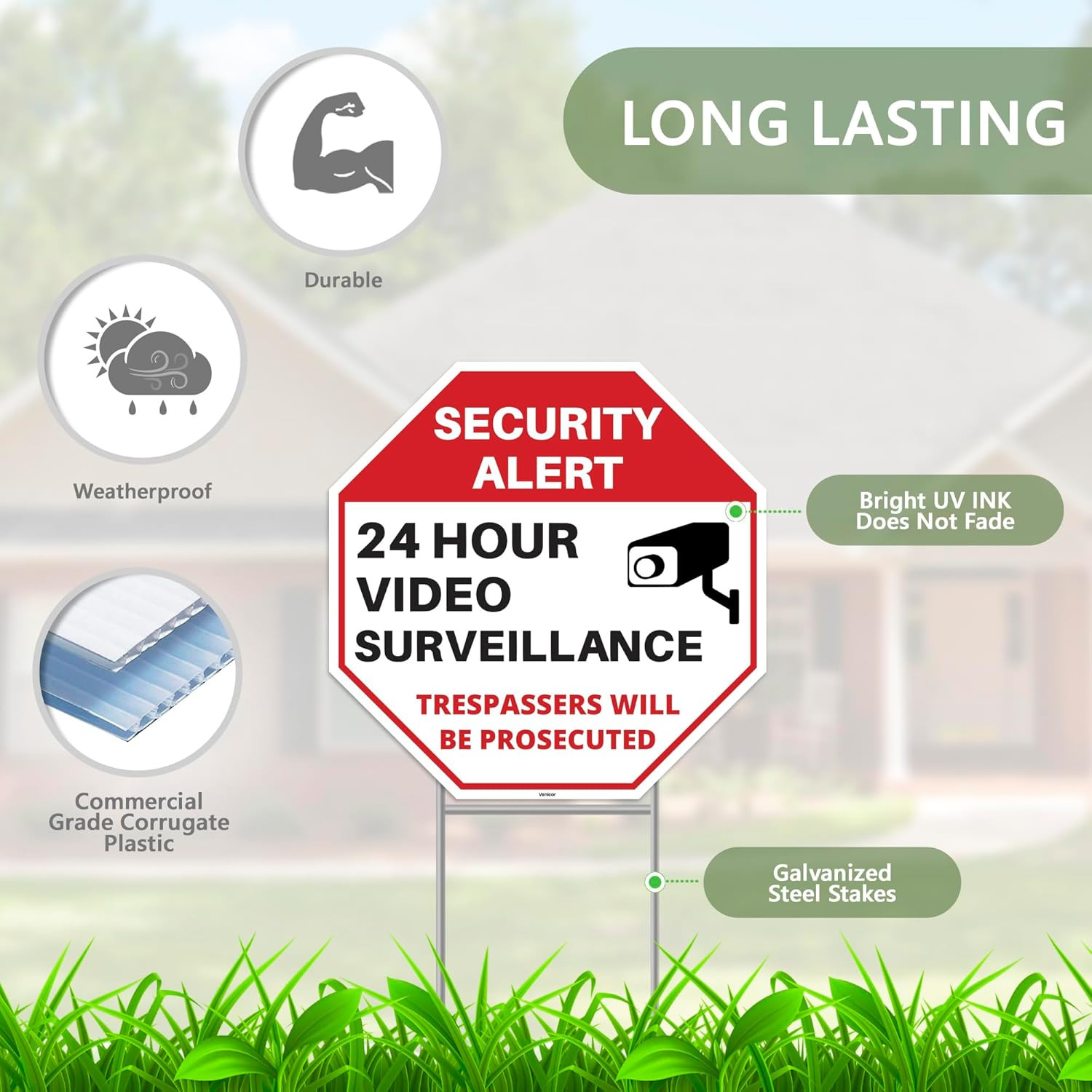 2PC 24 Hour Video Surveillance Sign with Stakes, 12&Prime;X12&Prime; – Corrugated Plastic –