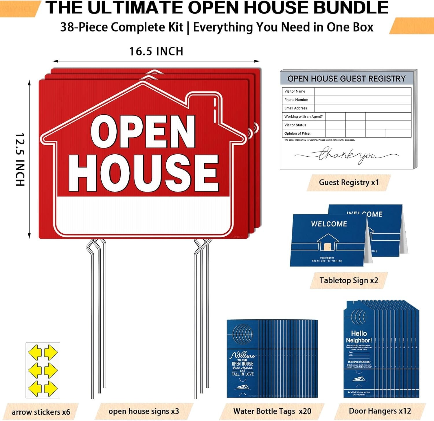 38-Piece Open House Kit: Double-Sided Signs & Guest Register Included