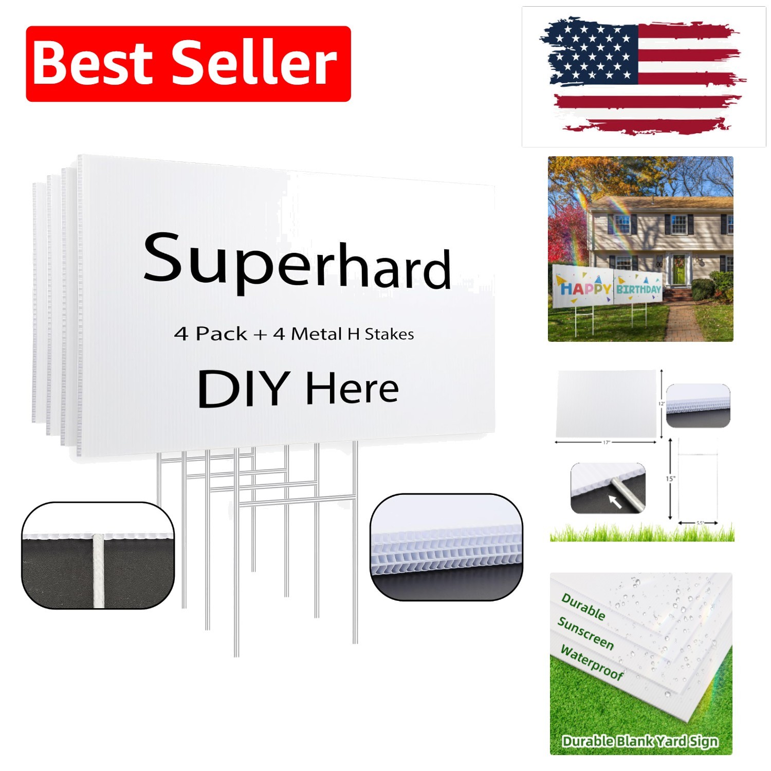 4 Pack 17×12 Blank Yard Signs with Metal Stakes – Customizable White Plastic