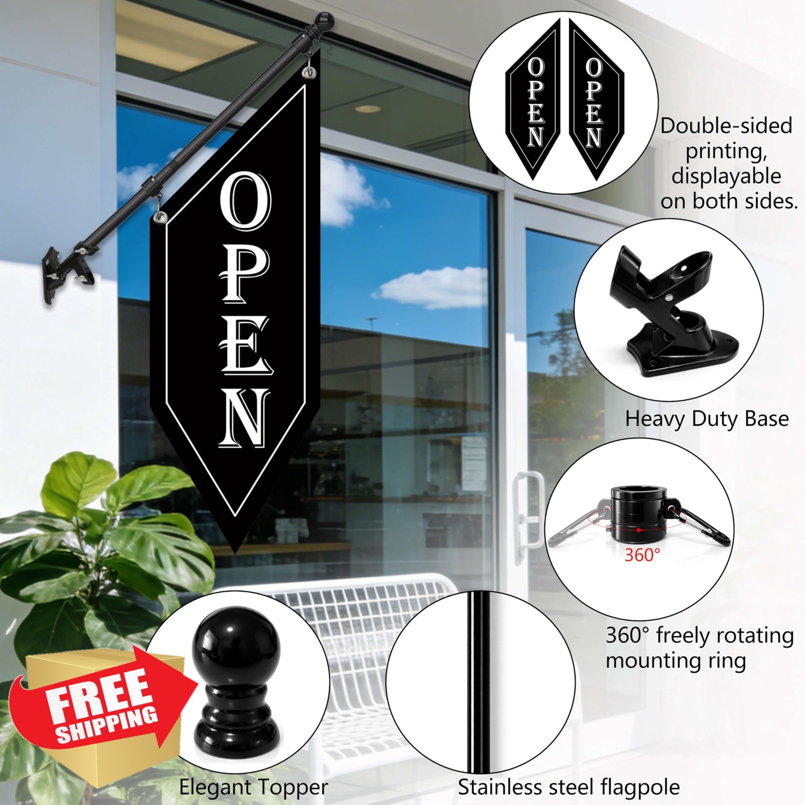 HANVIDA Black OPEN Flag with Pole
