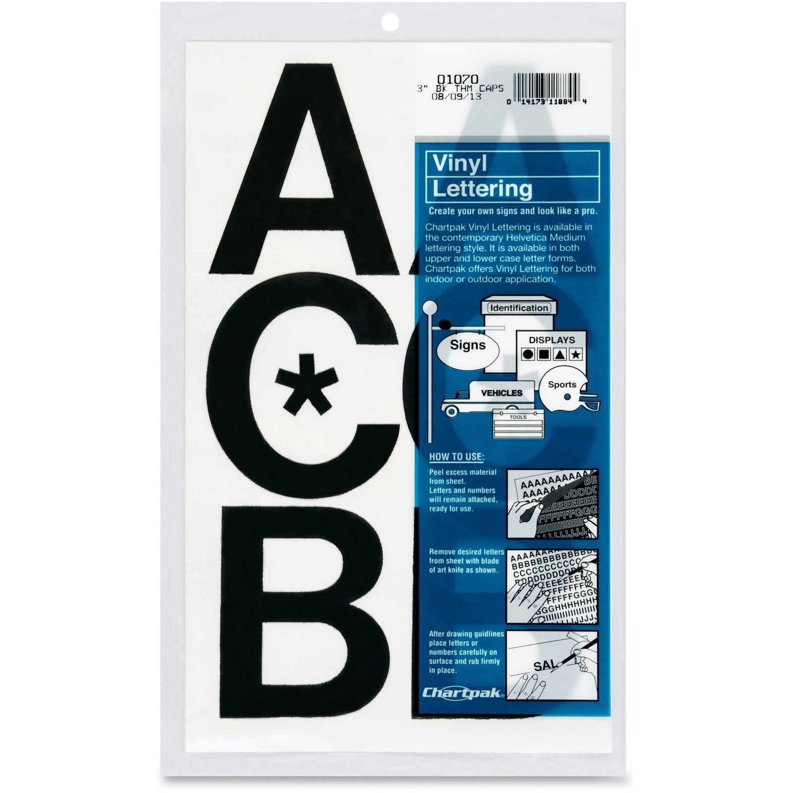 Chartpak Press-On Vinyl Uppercase Letters, Self Adhesive, Black, 3&Prime;h, 50/Pack