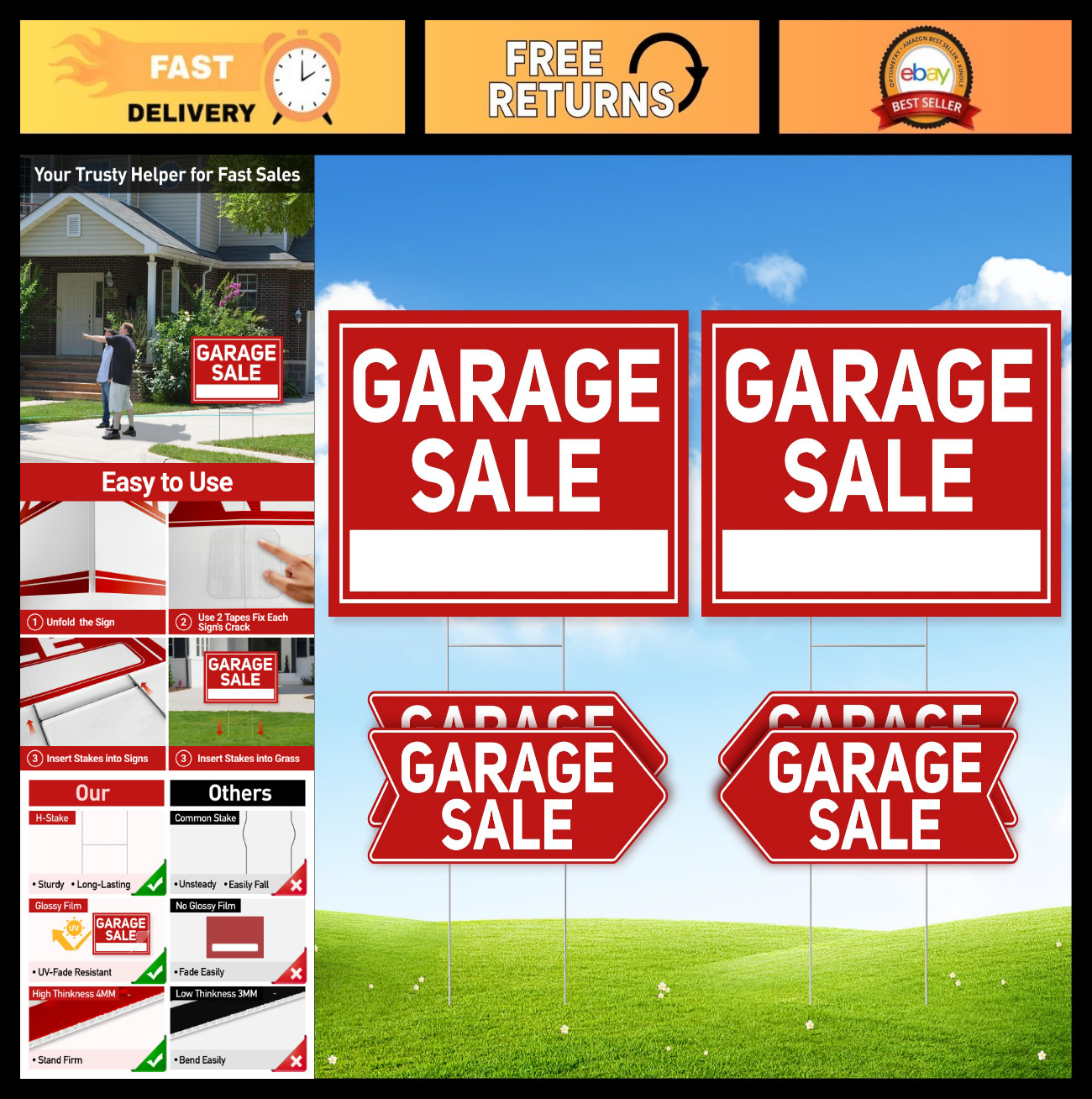 6 Pcs Garage Sale Signs Set – 2 Extra-Large 24&Prime;x16&Prime; & 4 Arrow Yard Signs, Waterp