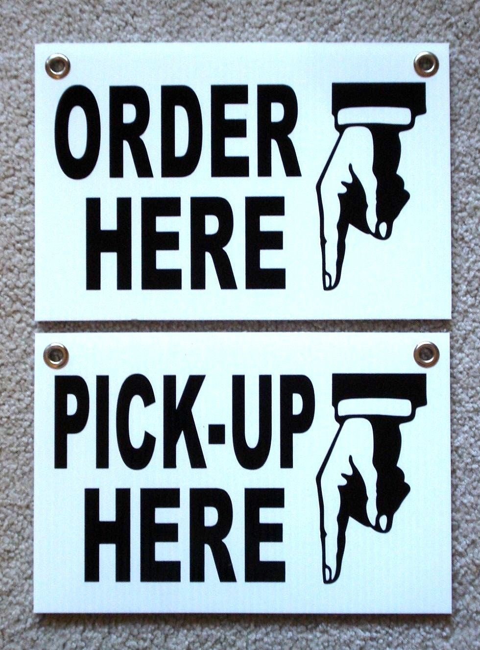 ORDER HERE & PICK-UP HERE Plastic SIGNS 8X12 w/Grommets Restaurant Black