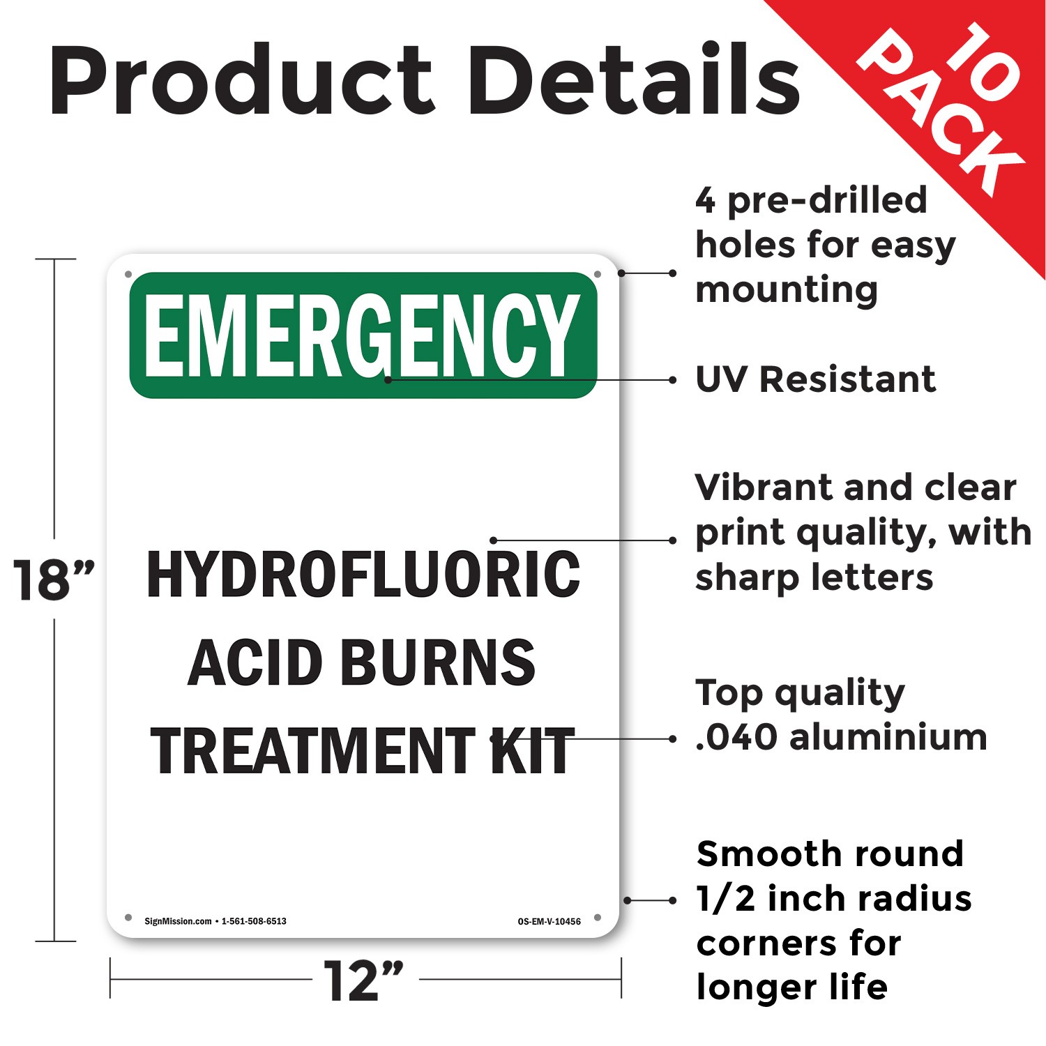 Hydrofluoric Acid Burns Treatment Kit OSHA Emergency Sign, Decal 5 or 10 Pack