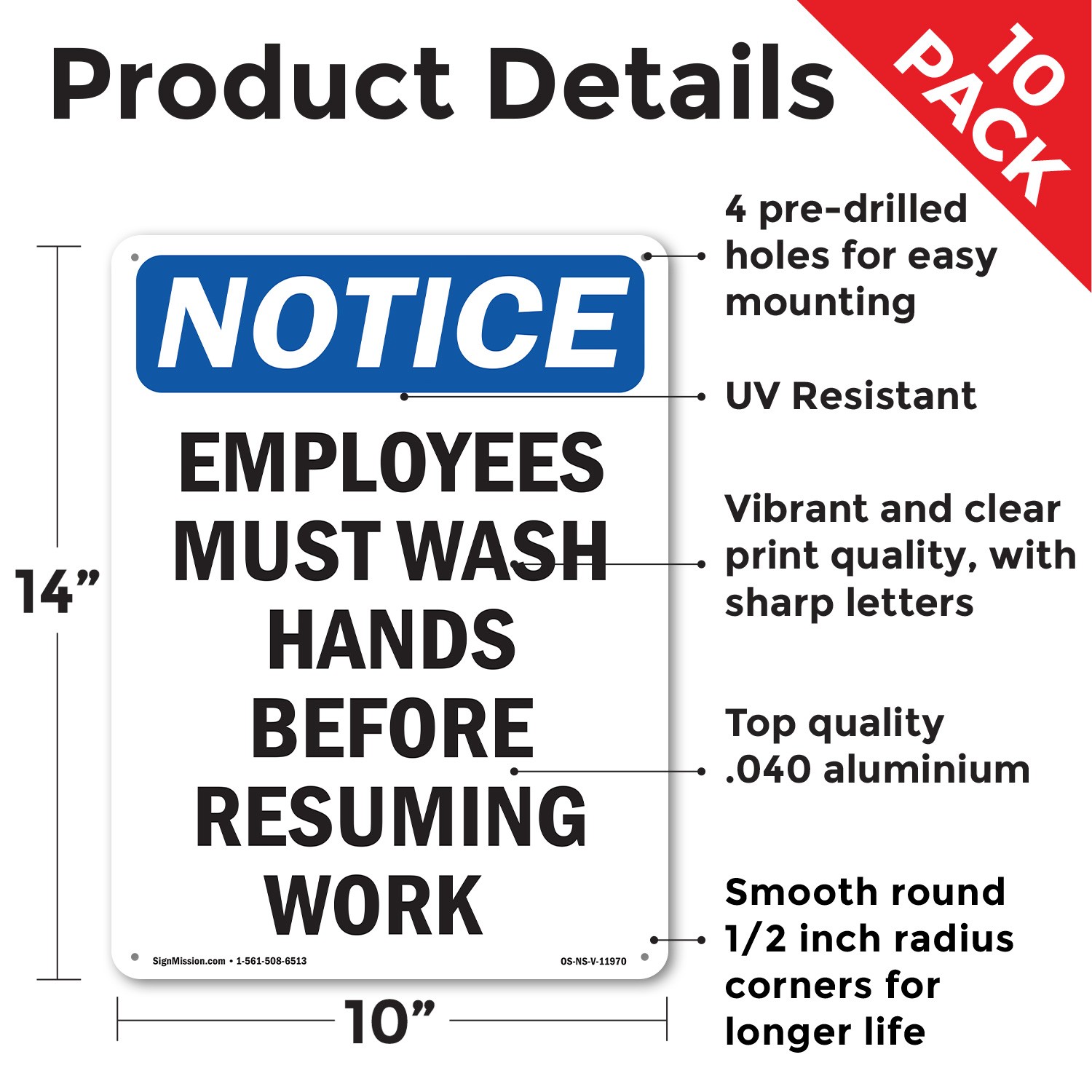 Employees Must Wash Hands Before OSHA Notice Sign Metal, Decal – 5 or 10 Pack