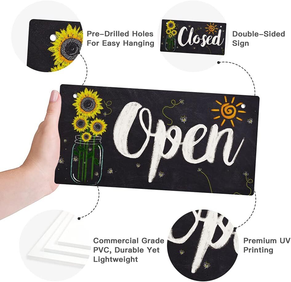 Open Closed Sign, Reversible Double Sided Sign for Business Store, Cafe Bar, Sho