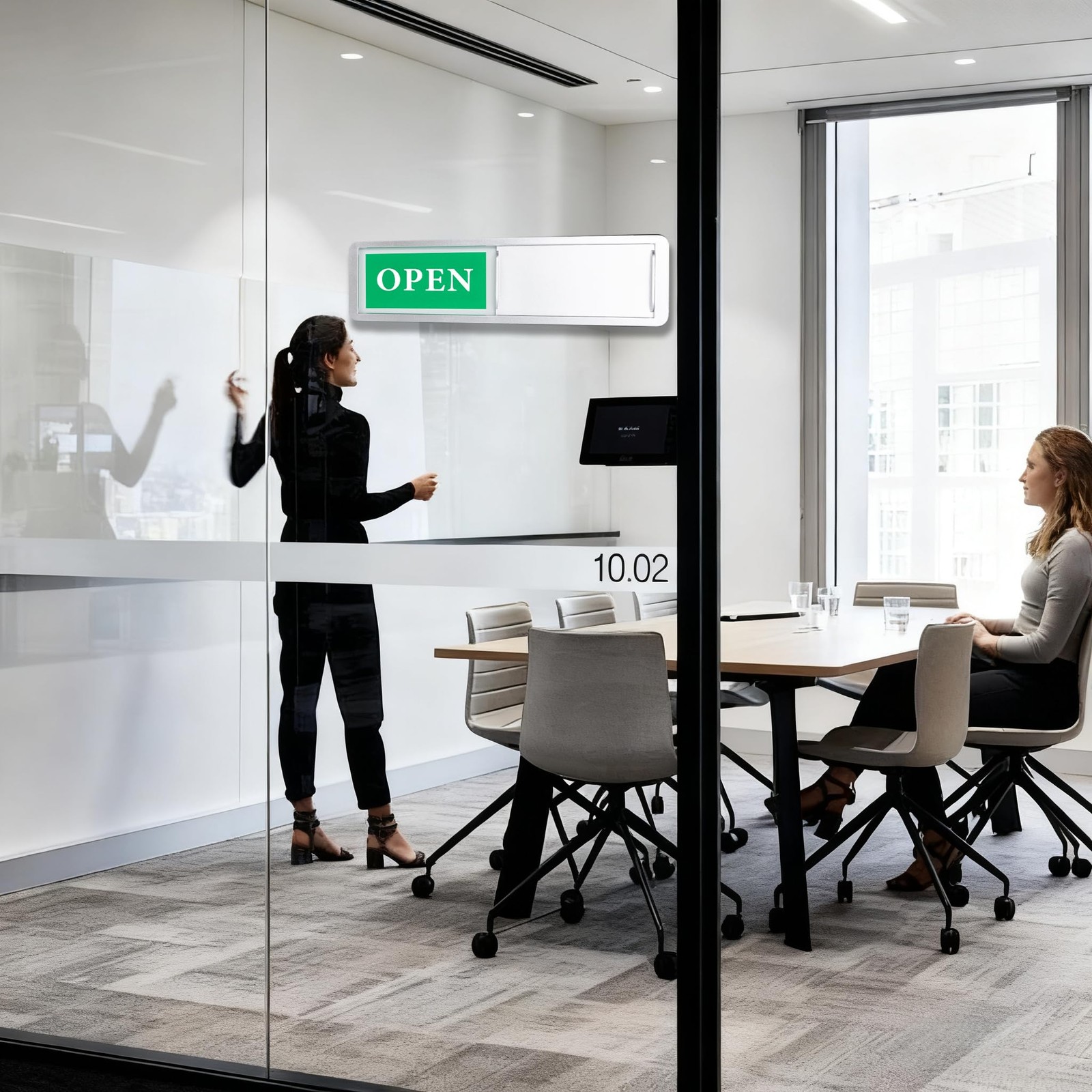 Open Closed Sliding Door Sign for Business, 7 x 2 inches, Silver