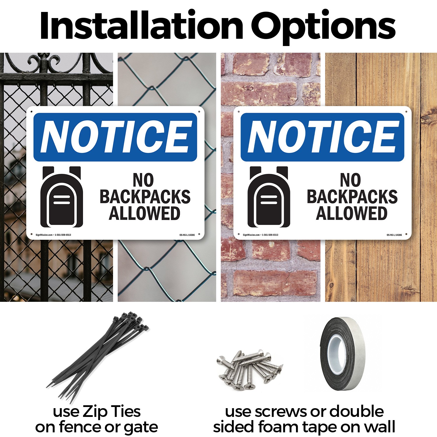 No Backpacks Allowed OSHA Notice Sign Metal, Plastic, Or Decal – 5 or 10 Pack