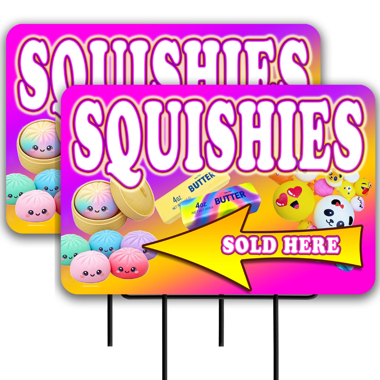 Squishies Sold Here 2 Pack Double-Sided Yard Signs 16&Prime; x 24&Prime; with Metal Stakes (