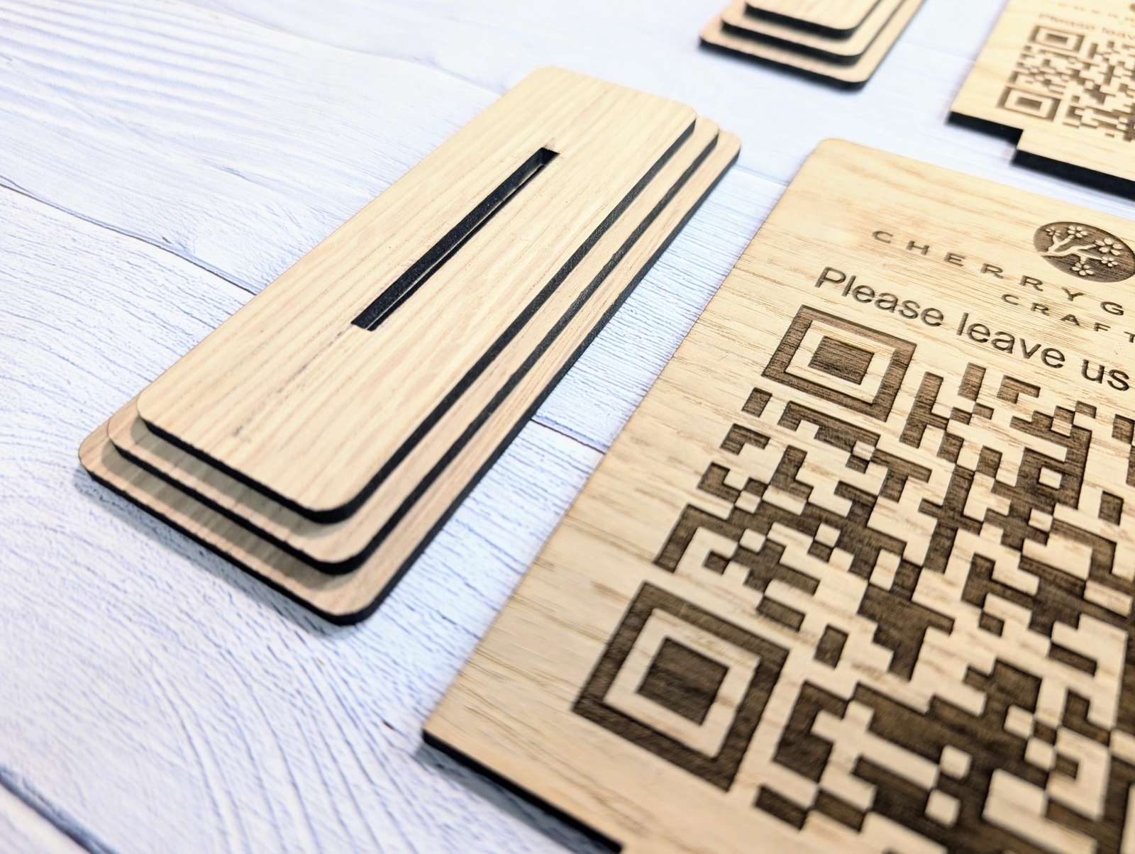 QR Code &lsquo;Leave us a review&rsquo; Custom Wooden Table Signs, Personalised Logo & Link