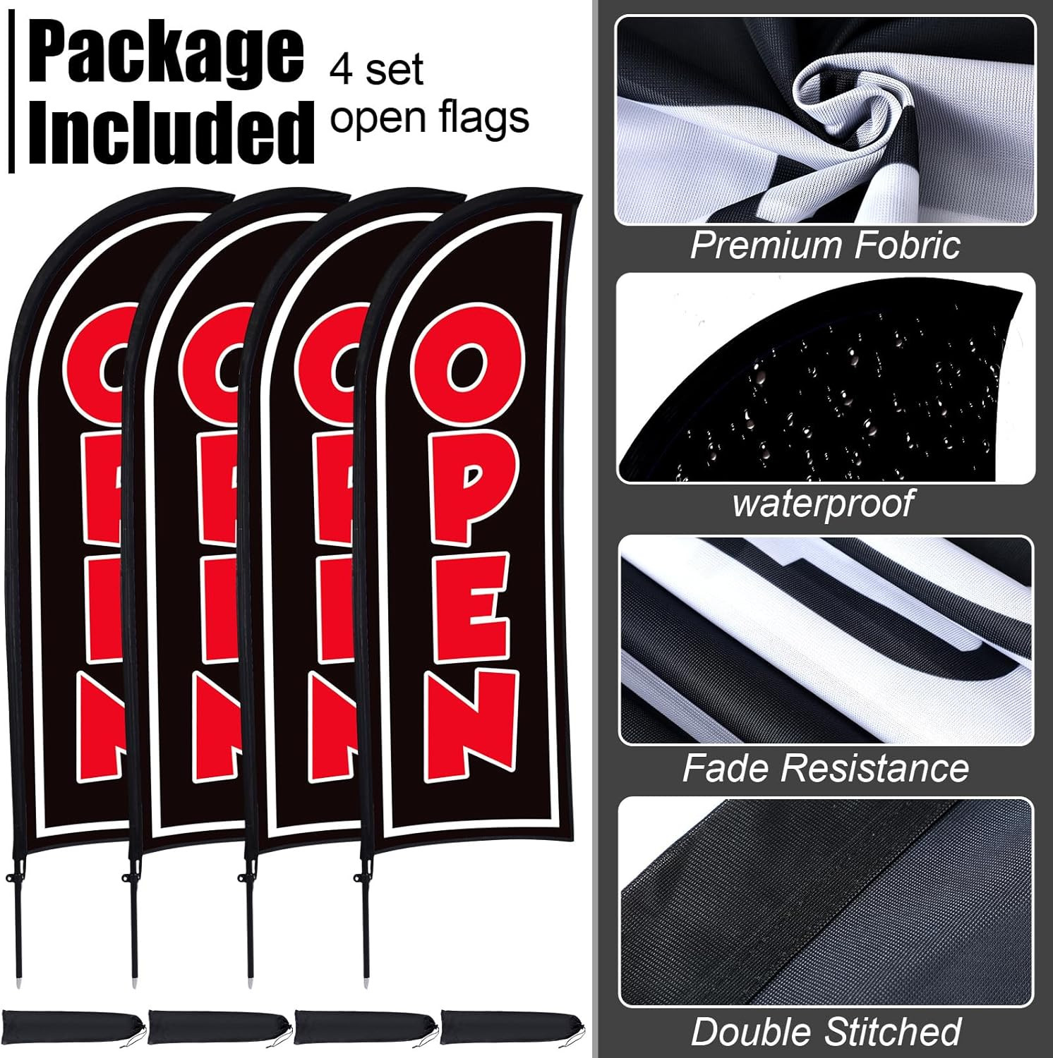 4 Open Feather Flag Pole Kits for Business Advertising – 8 Ft Black Banners