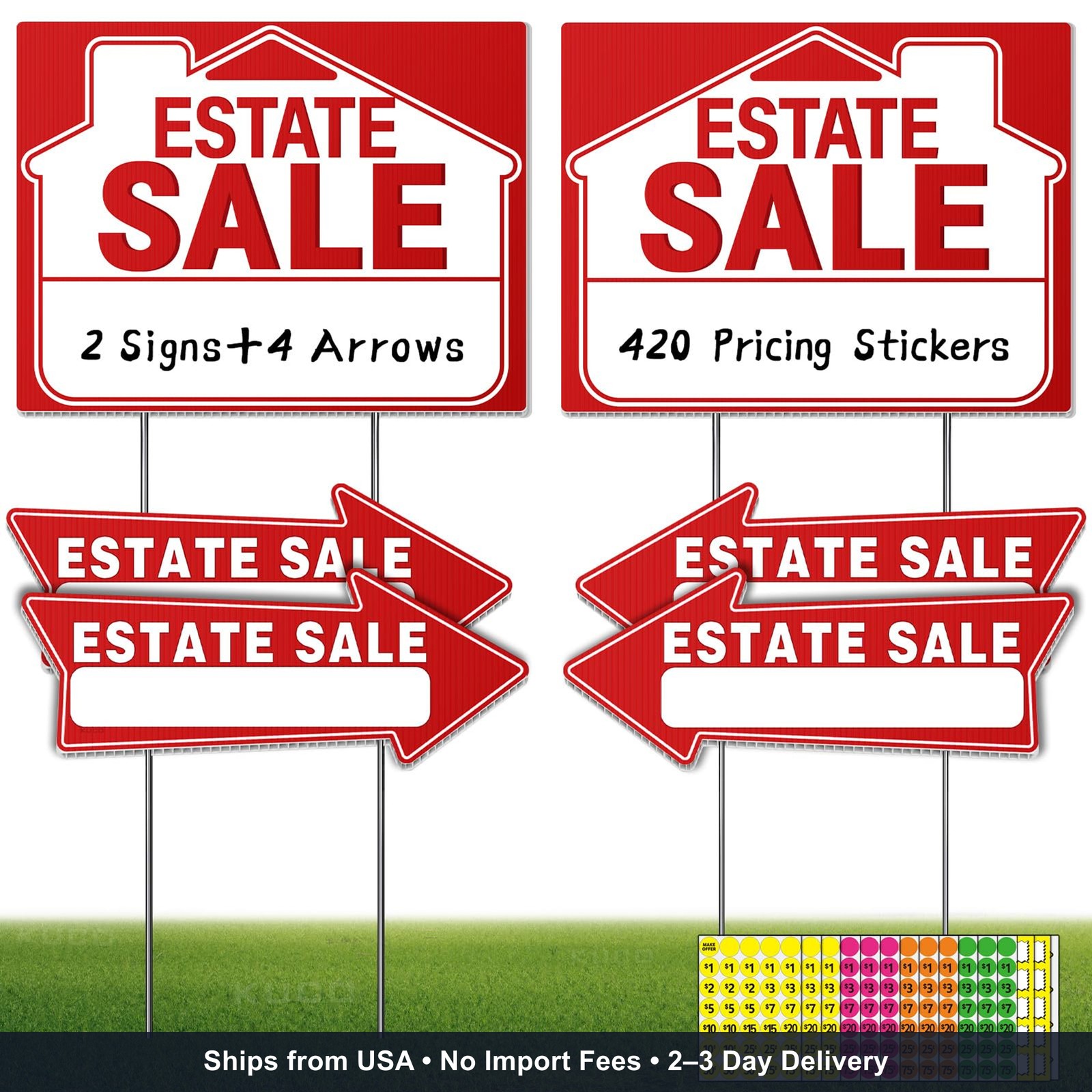 Estate Sale Signs with Directional Arrows, 6 Pack Double Sided Yard Signs & 420