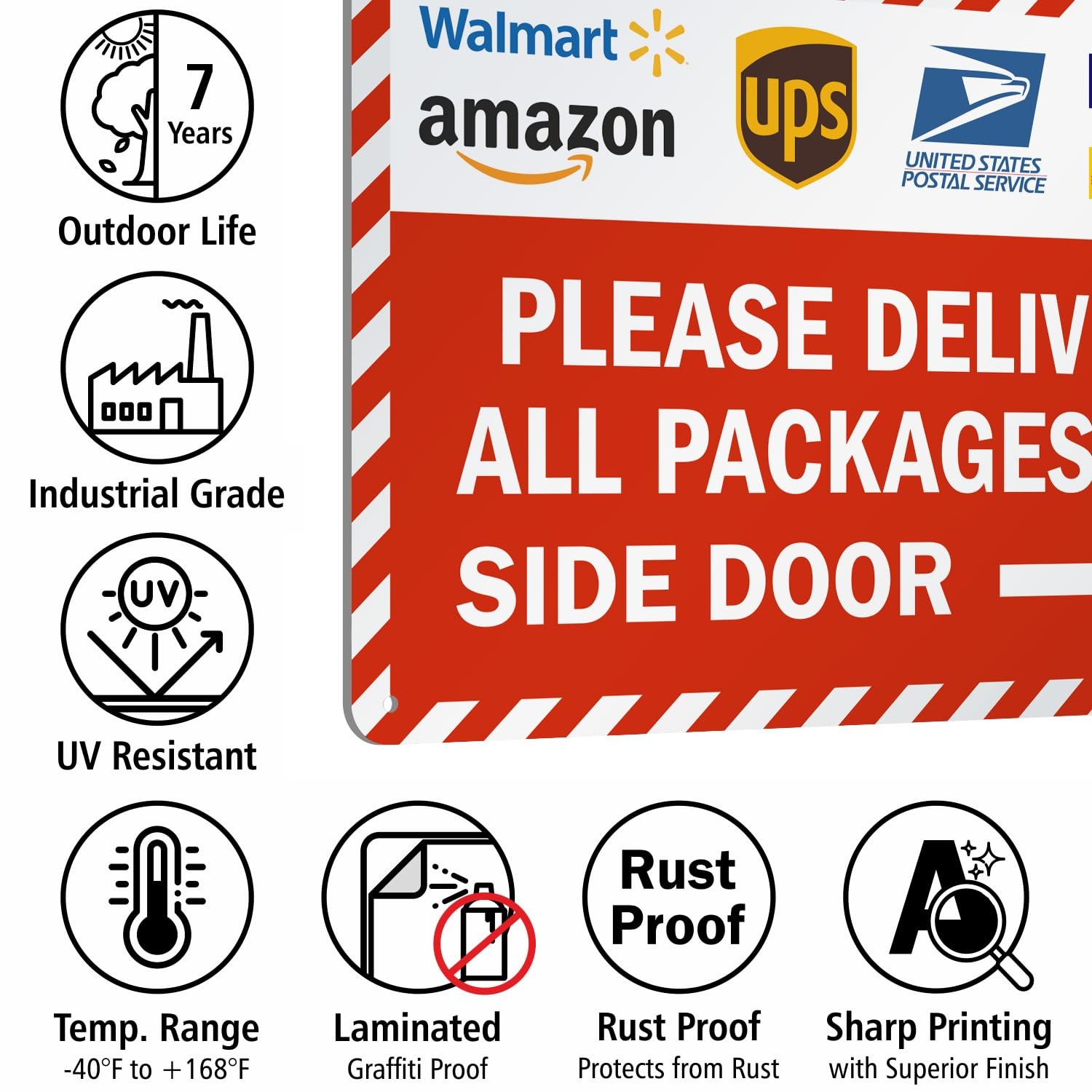 Deliver Packages To Side Door Sign Right Arrow 14×10 Inch Aluminum Striped