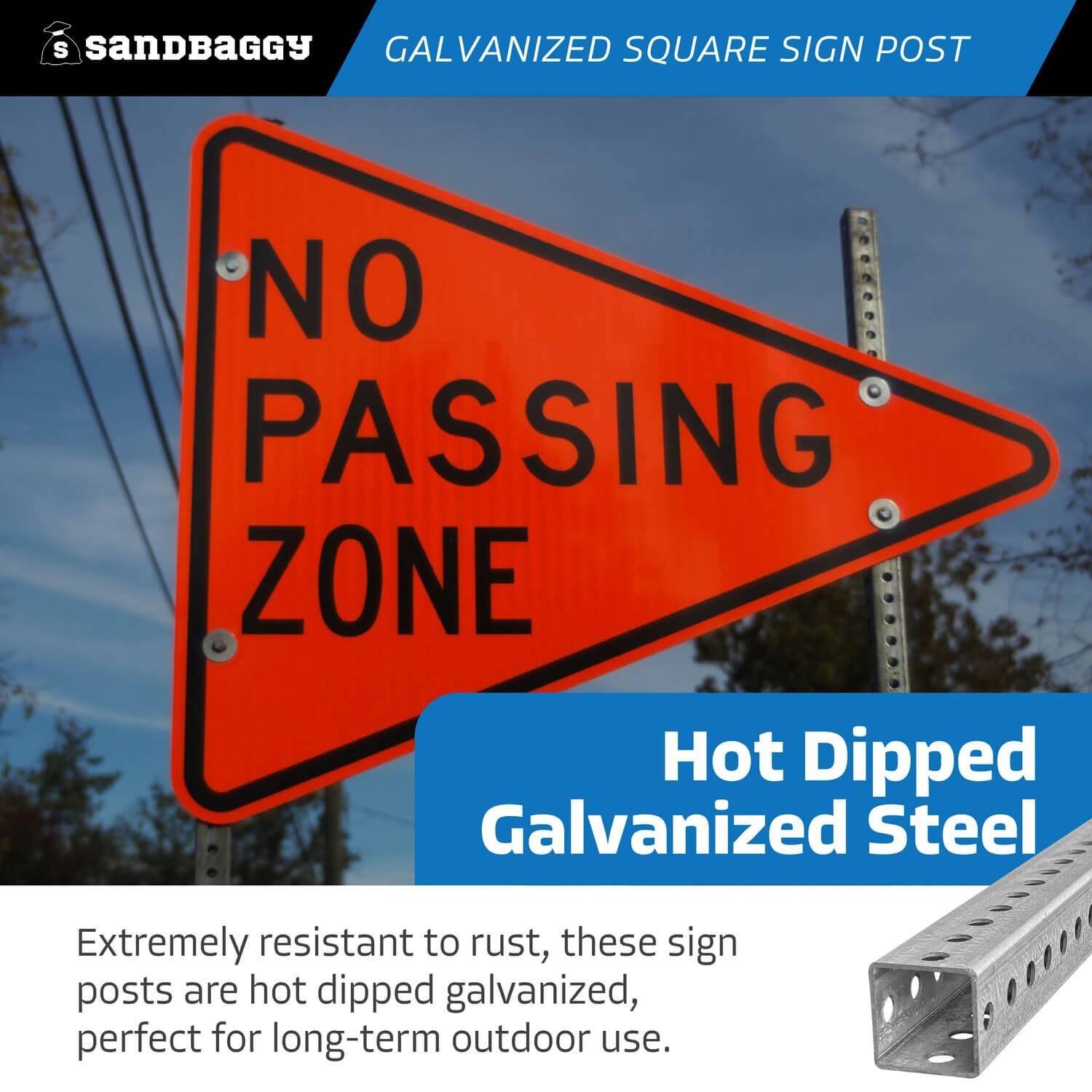 Sandbaggy 10 ft Galvanized Square Sign Post – 1-3/4&Prime; Wide – 7/16” Hole Diameter