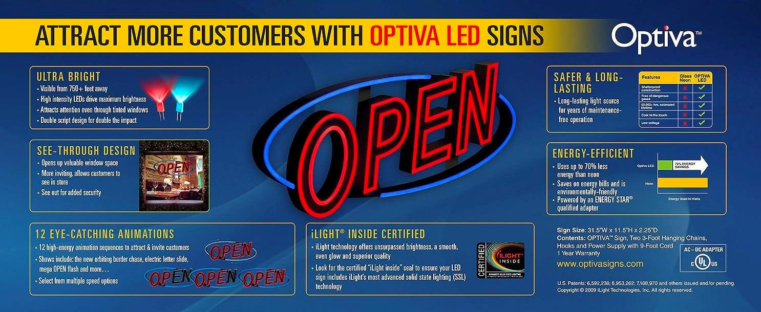 Optiva Open Signs | Neon Open Sign Look, LED Lights | 12 Eye-Catching Animations