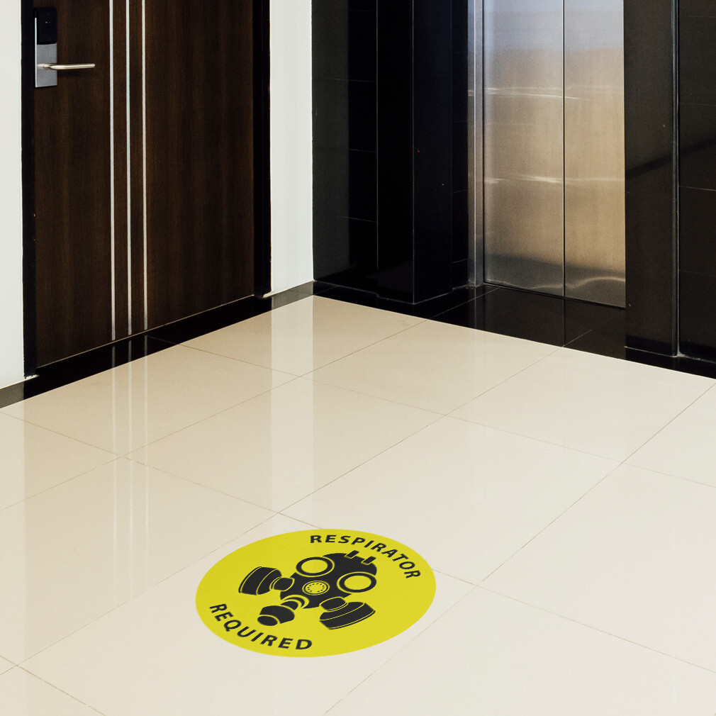 Floor Decals Respirator Required Yellow Anti-Slip Round Shape Signs Stickers