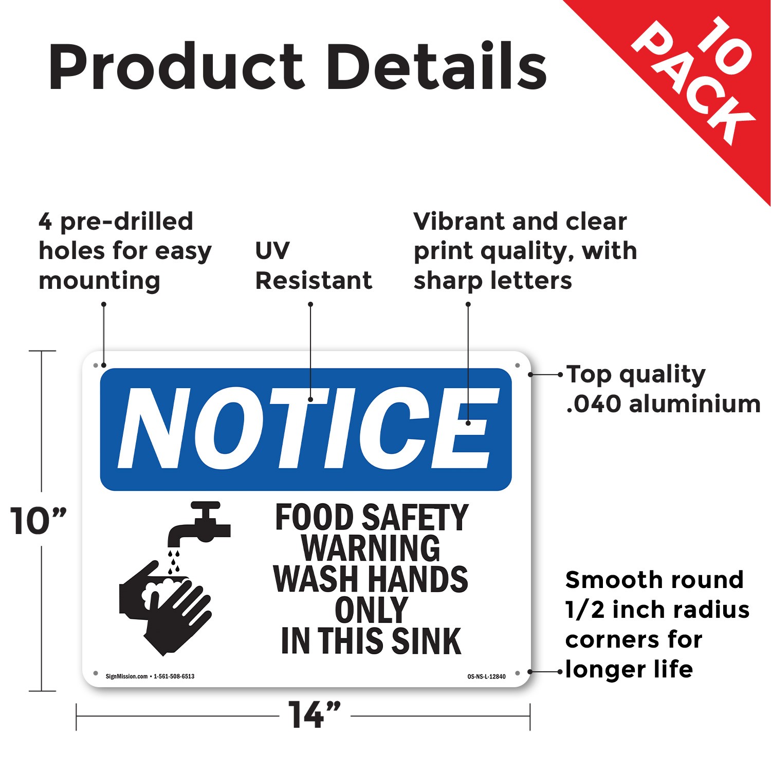 Food Safety Warning Wash Hands OSHA Notice Sign Metal,, Decal 5 or 10 Pack