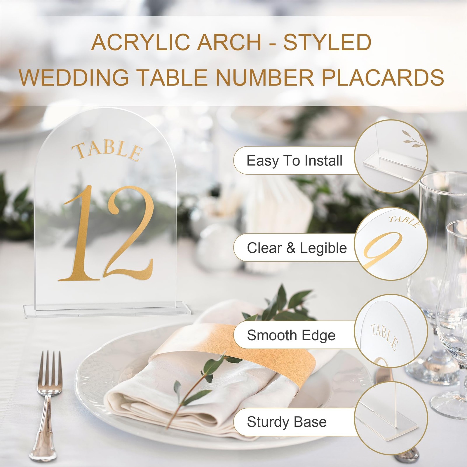 Wedding Table Numbers 1-10 Clear Acrylic Seating Signs Gold Lettering Decor