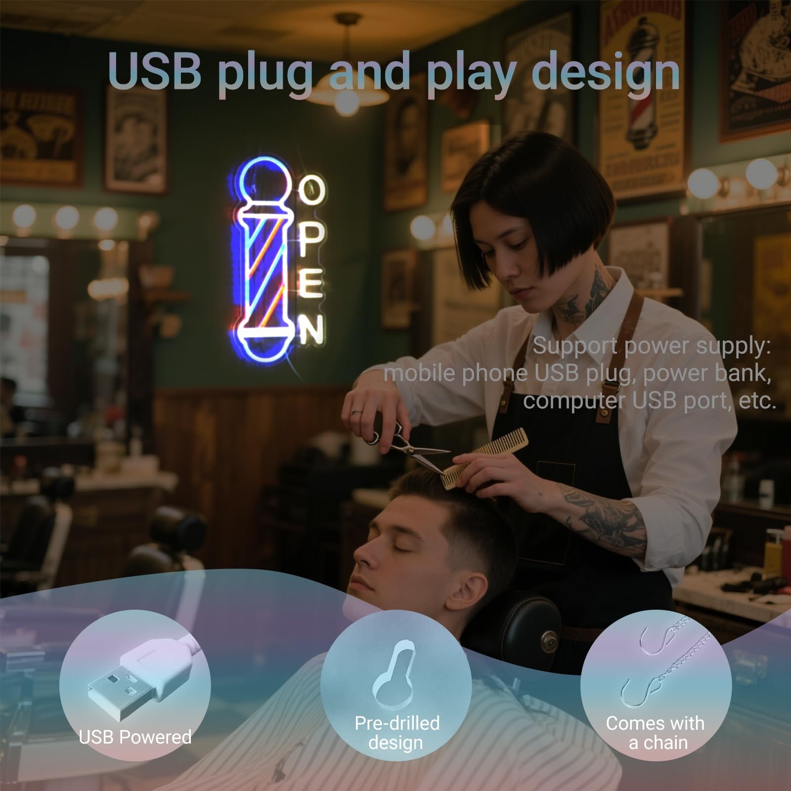 Barber Pole Neon Sign with Barber Accessories Decorations – USB LED Neon Ligh…