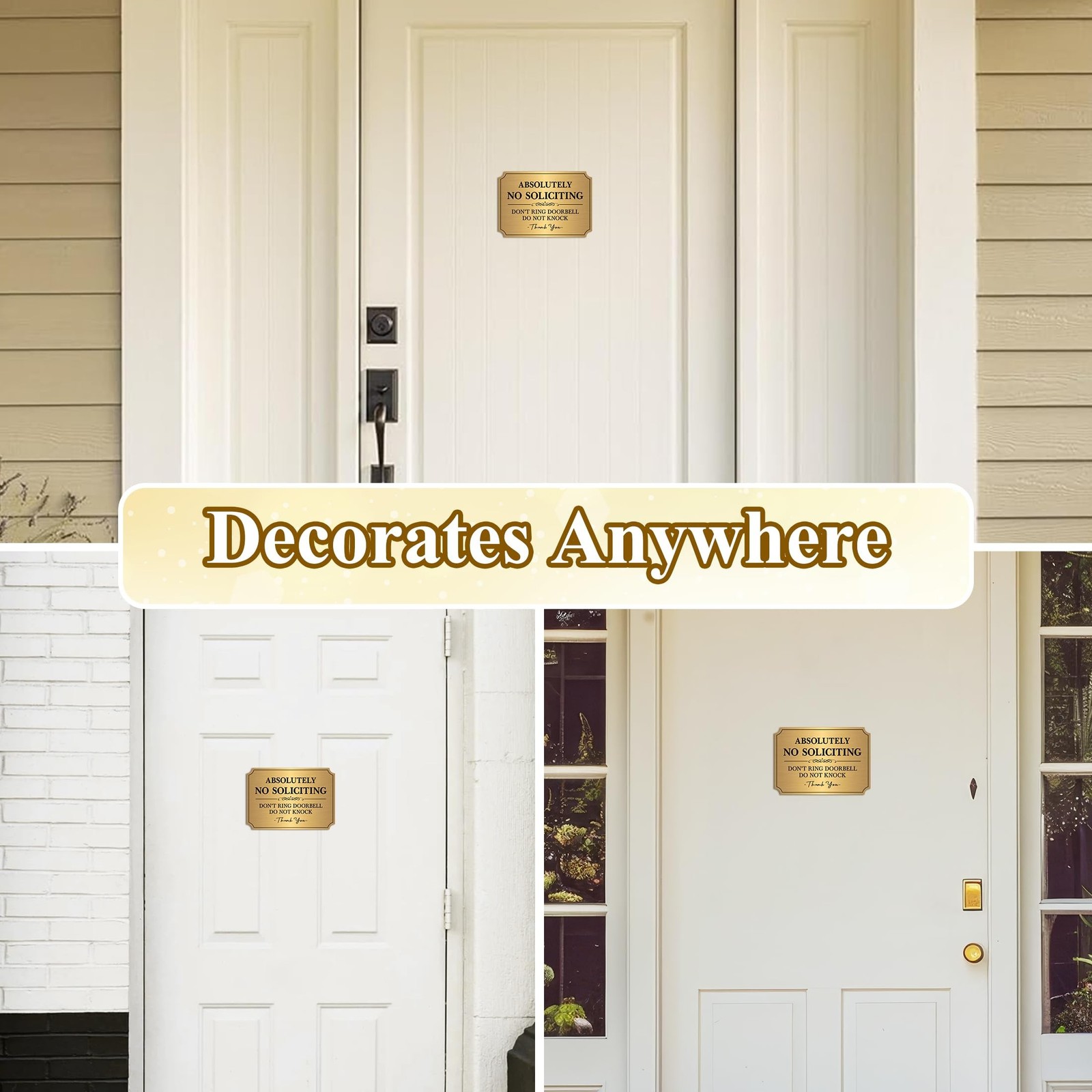 No Soliciting Sign for Front Door，Self-Adhesive Elegant Brushed Gold Do N