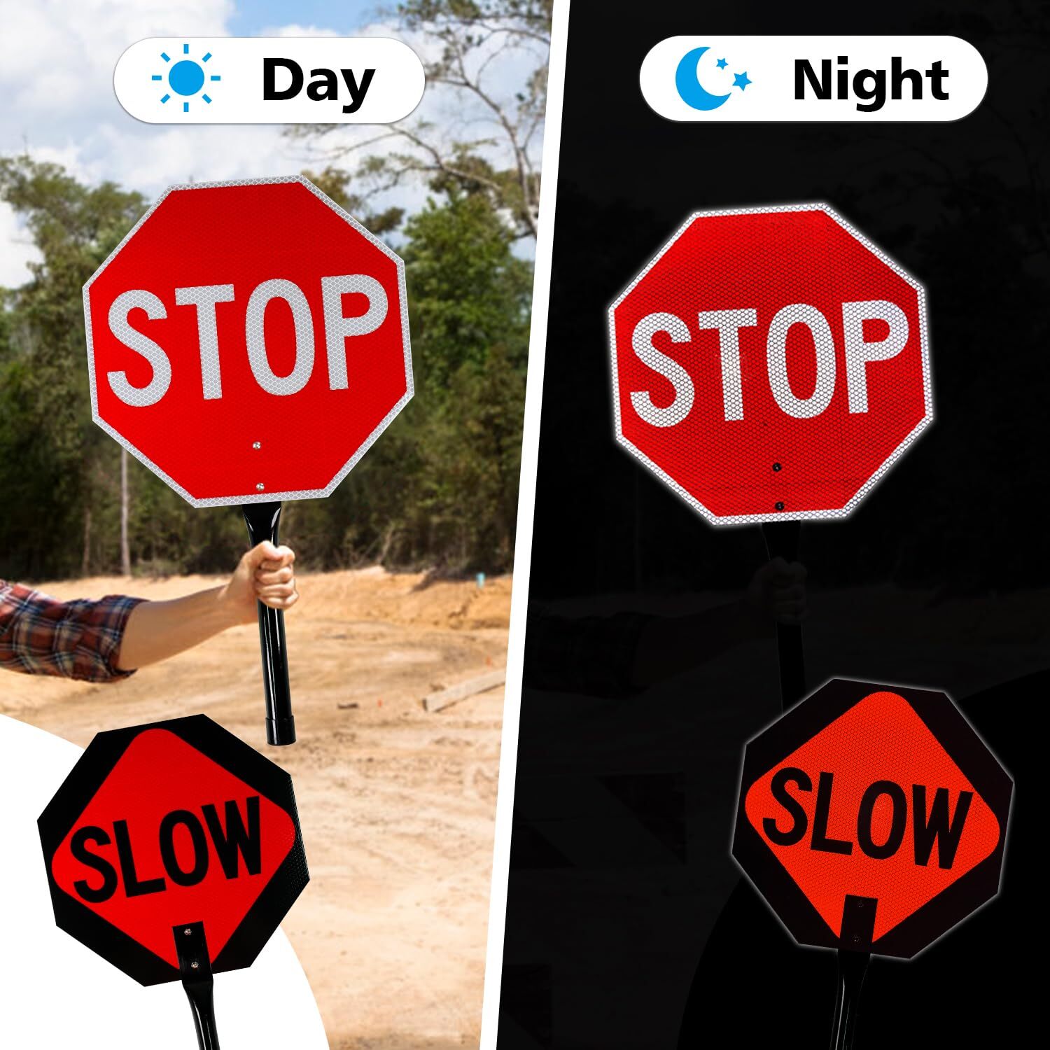 Stop Slow Sign with Metal Handle 13×13 inches Double Sided Slow/Stop sign Tra…