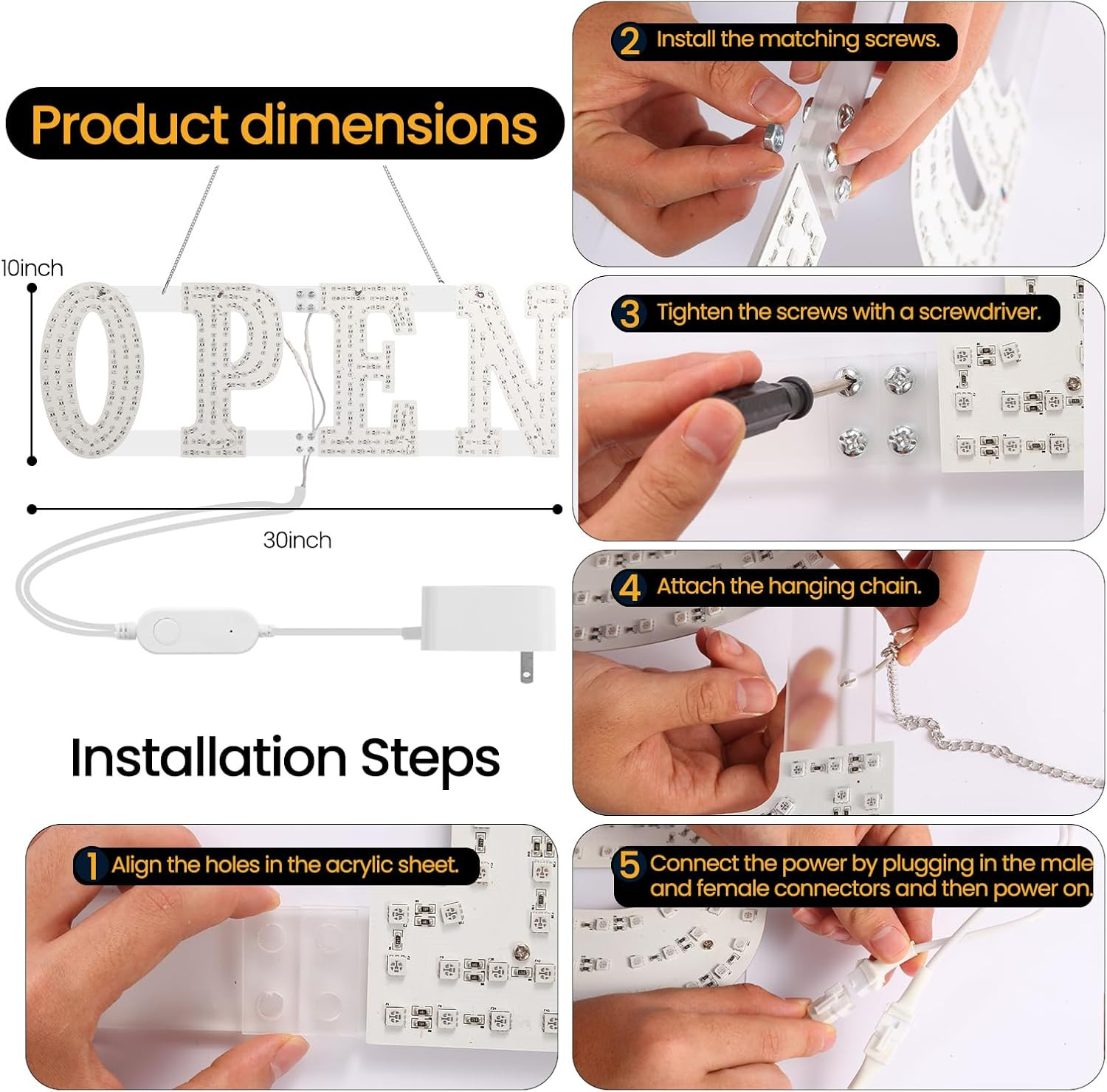 Dimmable 7-Color LED Open Sign 30&Prime;X10&Prime; for Stores, Restaurants, and Bars