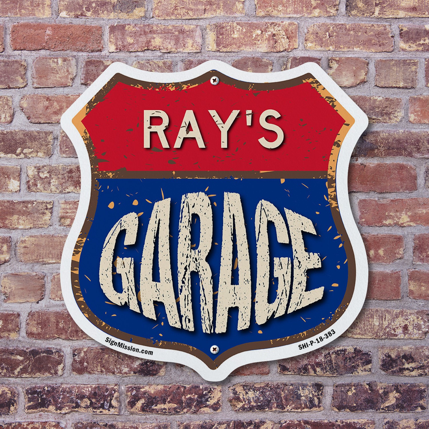 Ray&rsquo;s Garage Shield Shaped Sign Weather Resistant Crafted in the USA